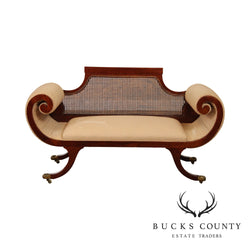 Empire Style Antique Mahogany Cane Back Rolled Arm Settee