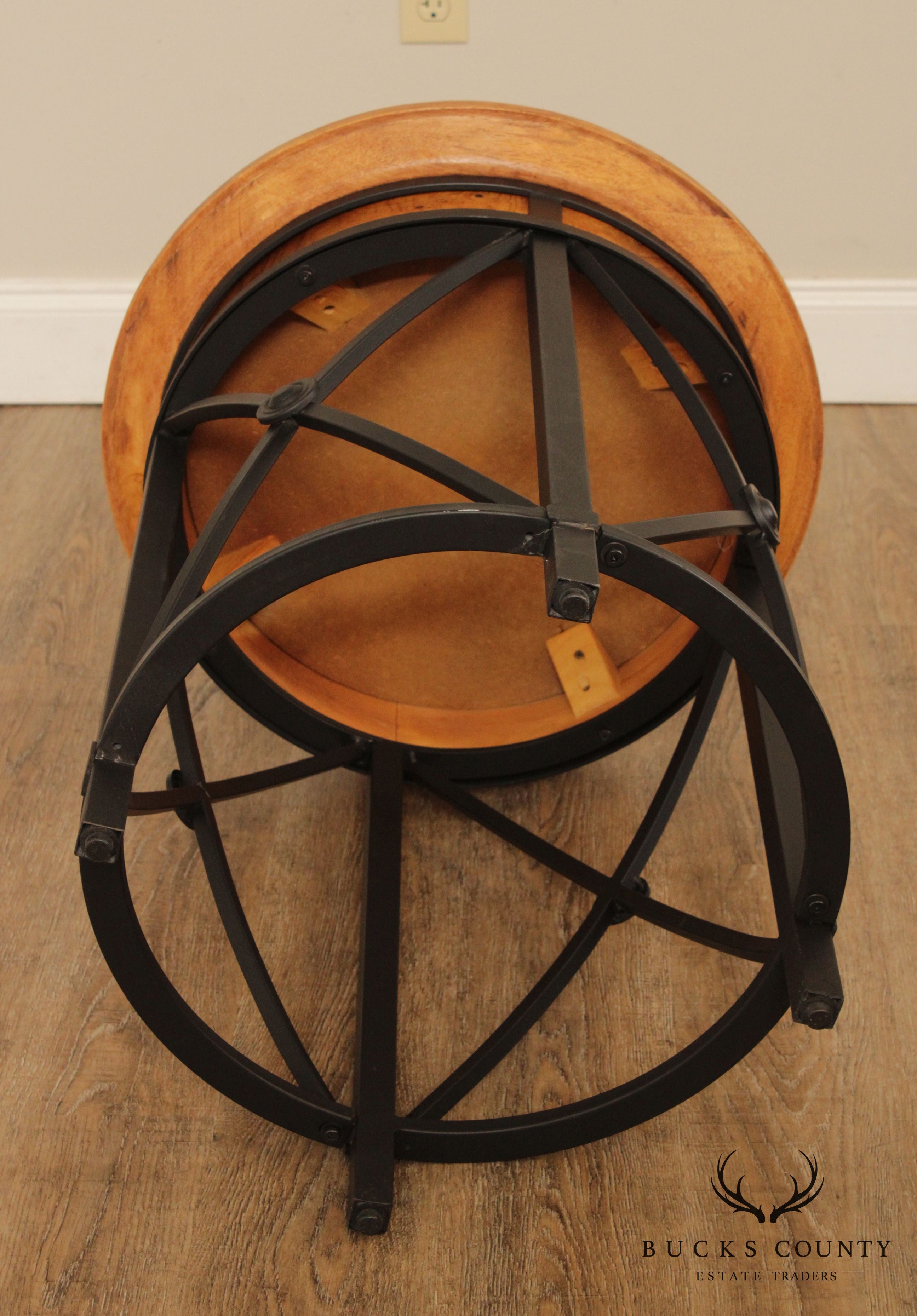 Round Iron and Burled Wood Pair Side Tables