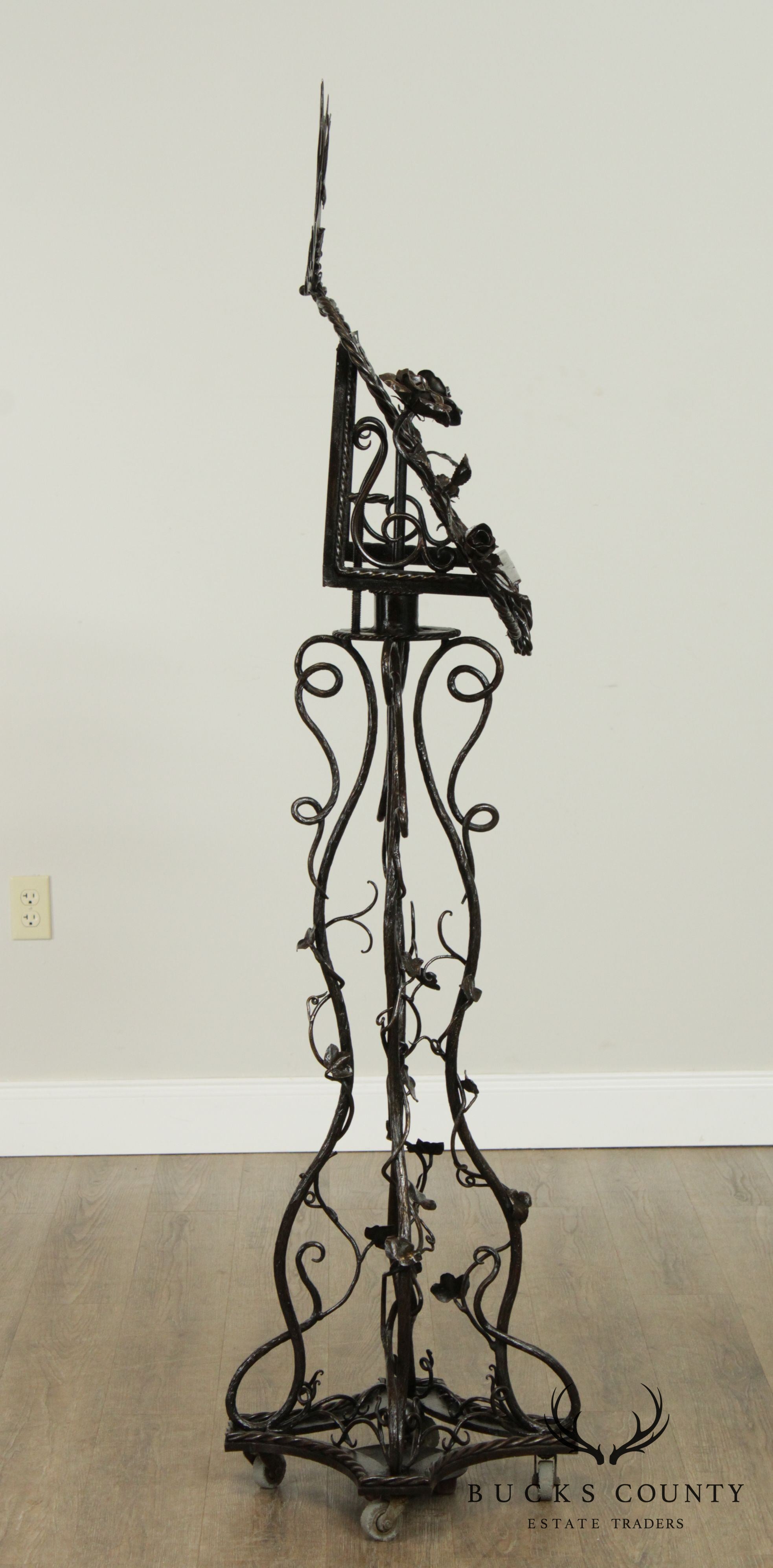 Hand Forged Iron Art Nouveau Sun Burst Rose Vine Music Stand by Farin