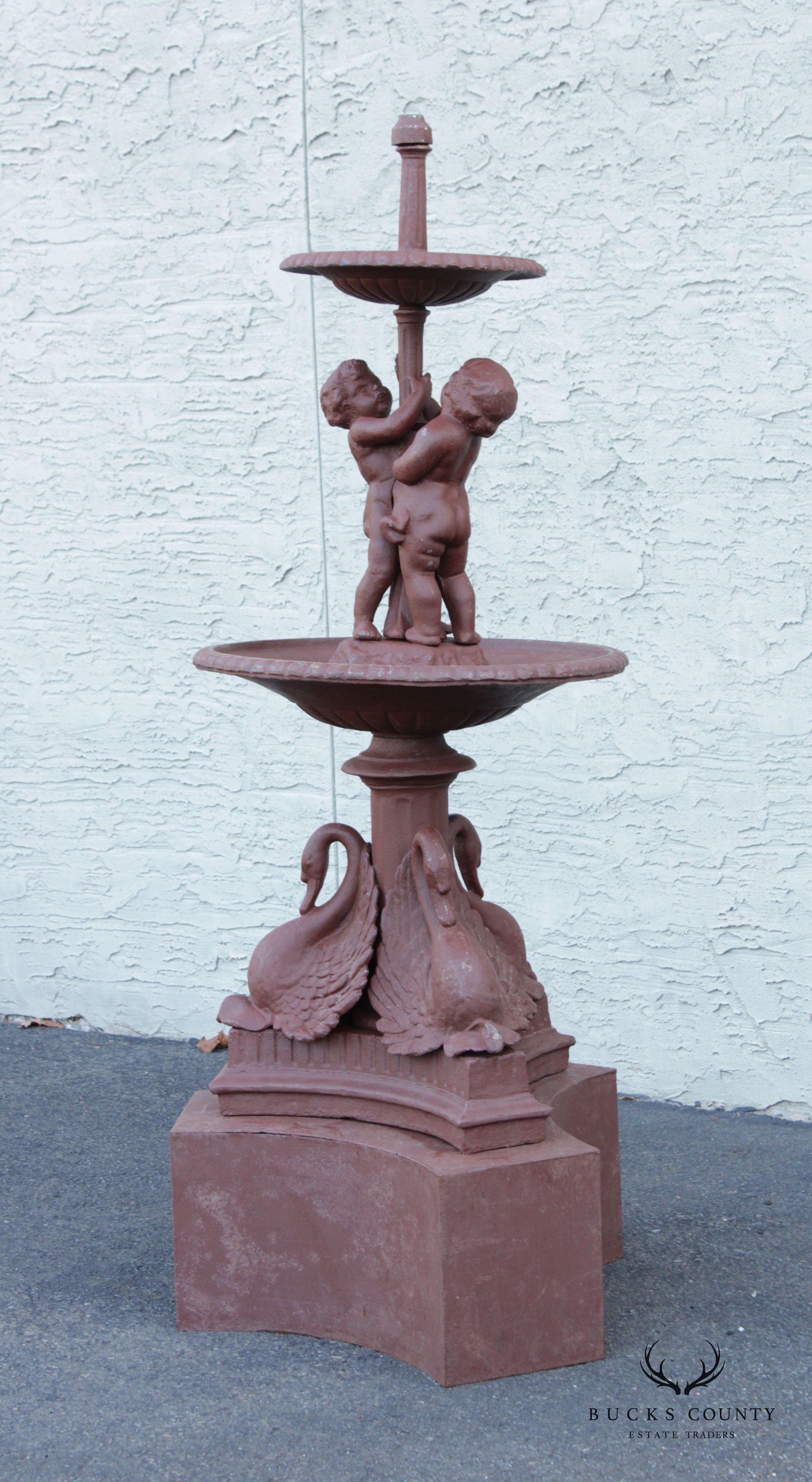 Antique Neoclassical Style Cast Iron Garden Fountain with Cherubs and Swans