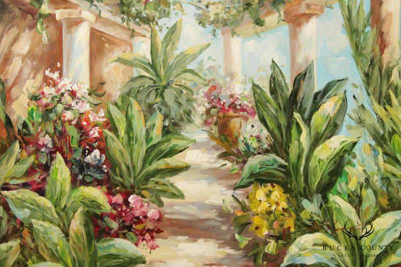 Italian Garden Atrium Landscape Painting, Signed 'A. Rogers'