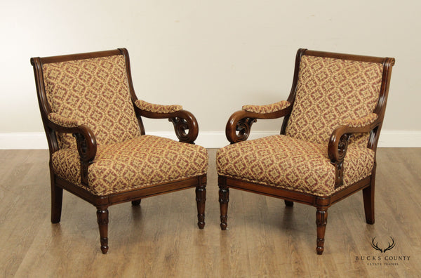 French Empire Style Pair of Carved Walnut Fauteuil Armchairs