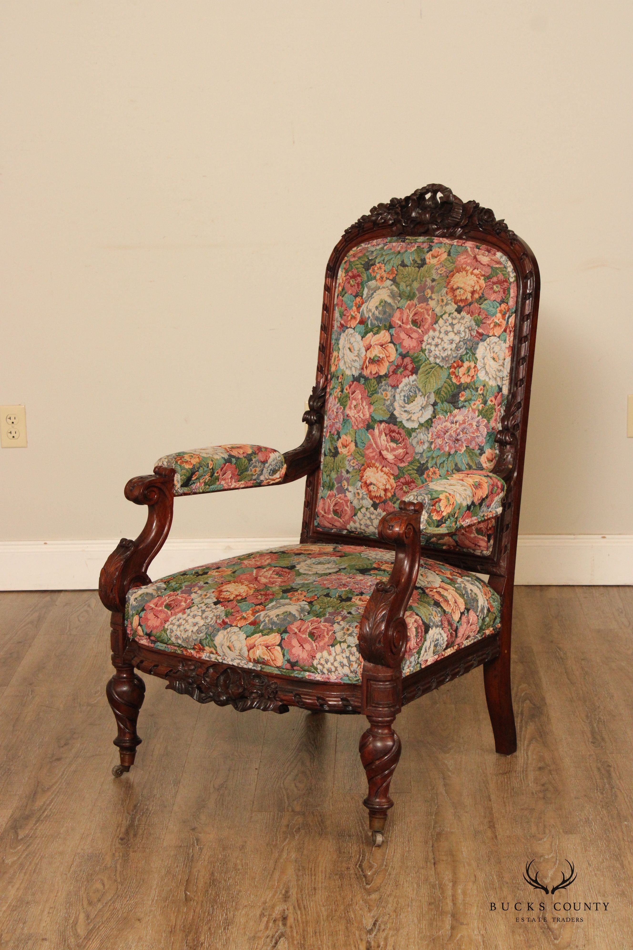 Antique Renaissance Revival Rosewood Carved Library Armchair