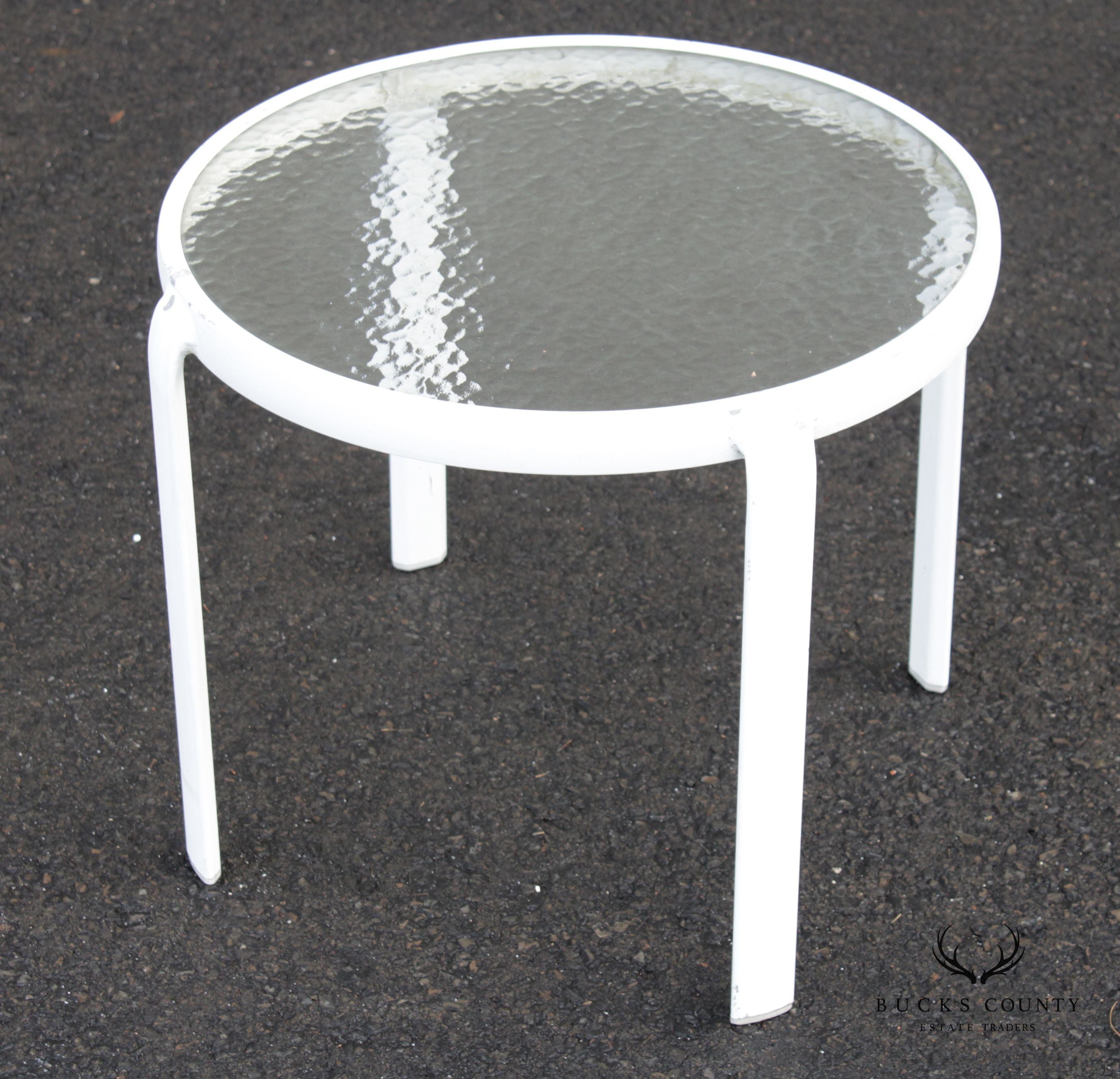 Vintage Aluminum and Glass Round Outdoor Patio End Table (A)