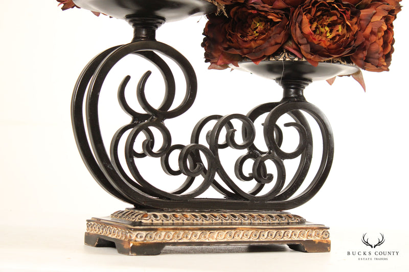 Quality Pair of Scrolled Iron and Silk Flower Decorative Centerpieces