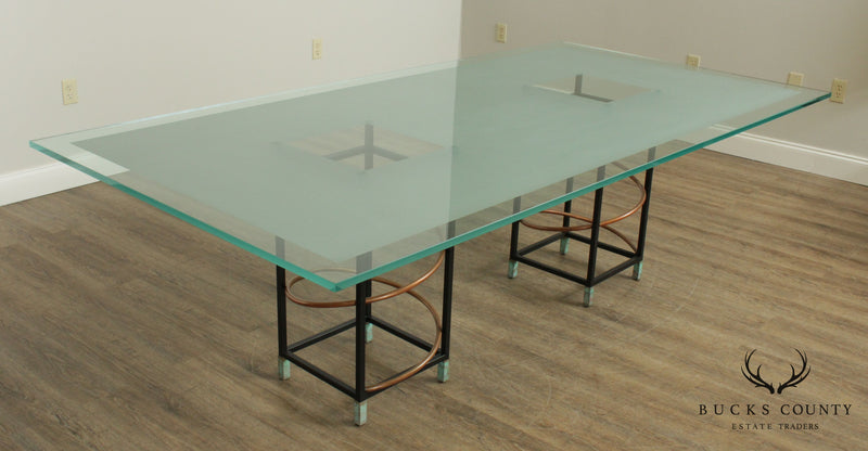 Pace Post Modern Sculptural Double Pedestal Base Glass Top Dining Table