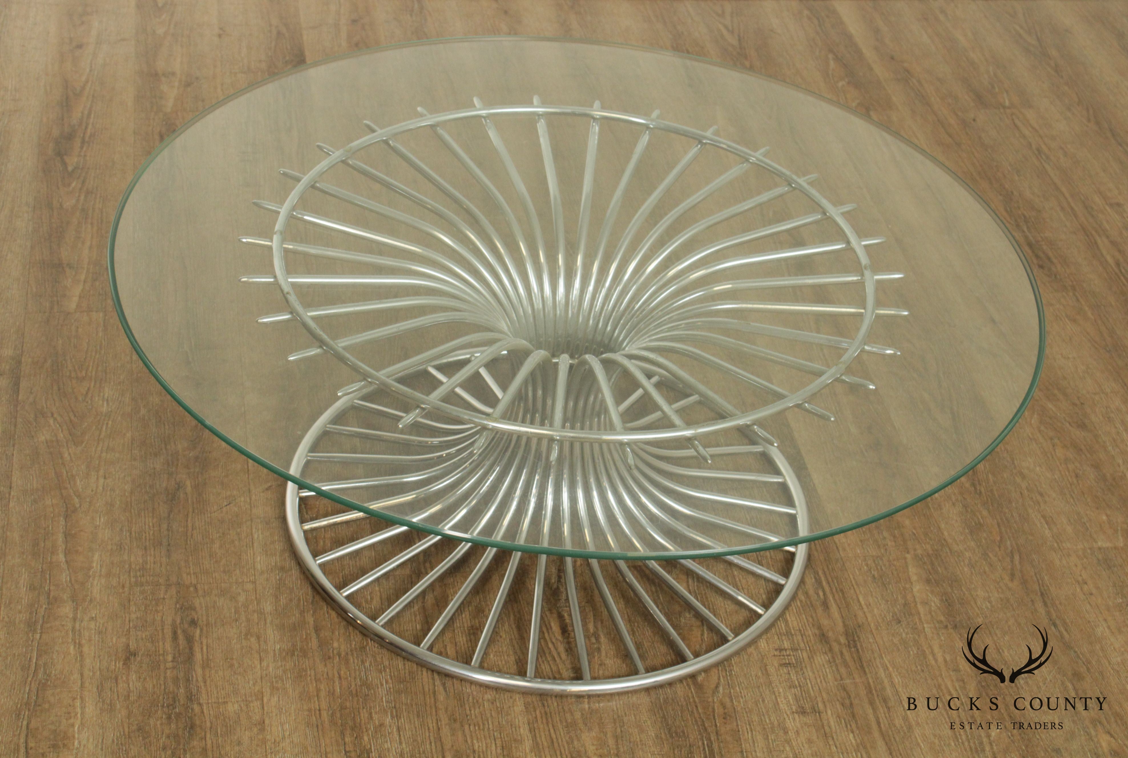 Gastone Rinaldi Italian Postmodern Chrome Base Round Glass Top Coffee Table