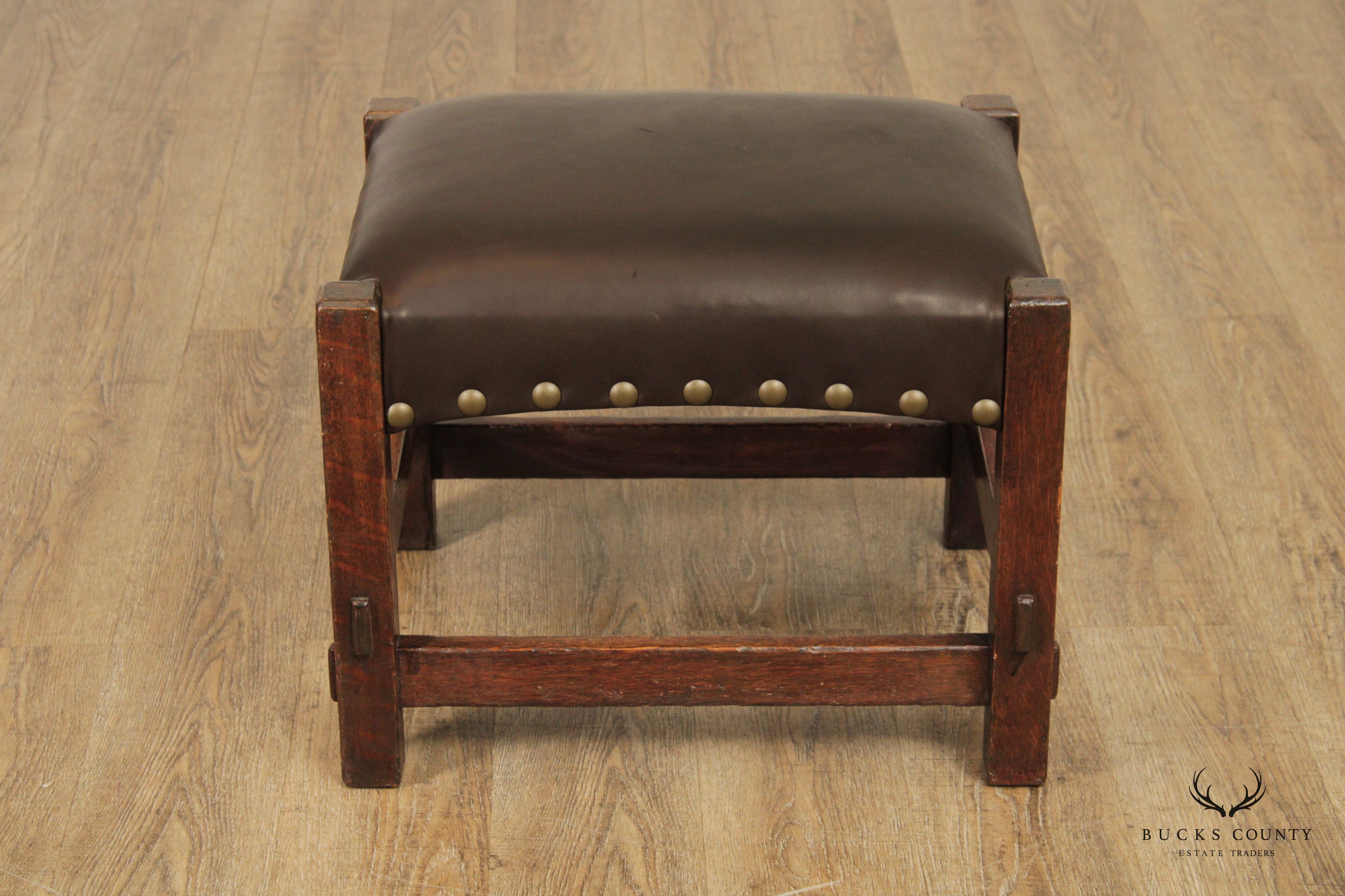 Gustav Stickley Antique Arts and Crafts Mission Oak And Leather Footstool