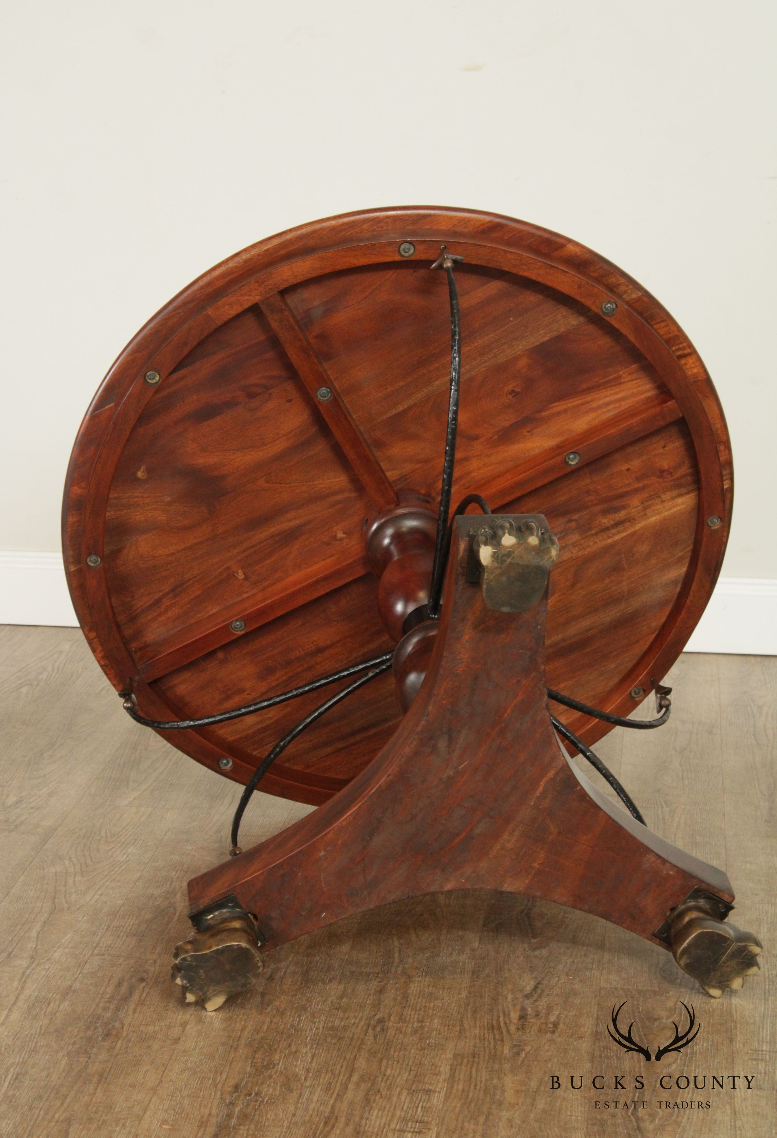 Neoclassical Style Round Solid Mahogany Center Table with Crossed Arrows, Bronze Claw Feet