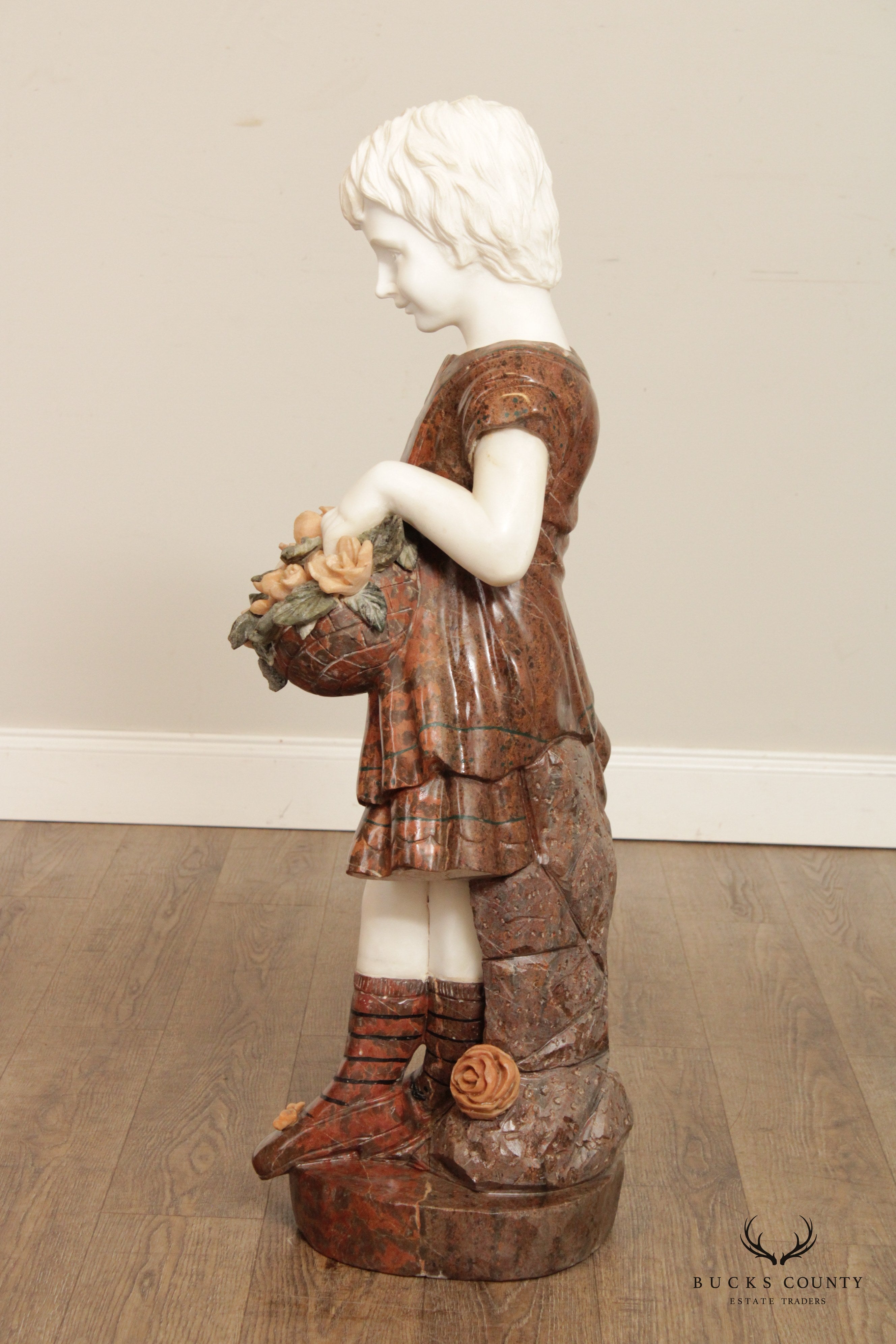 Figural Girl with Flowers Carved Marble Life-Size Statue