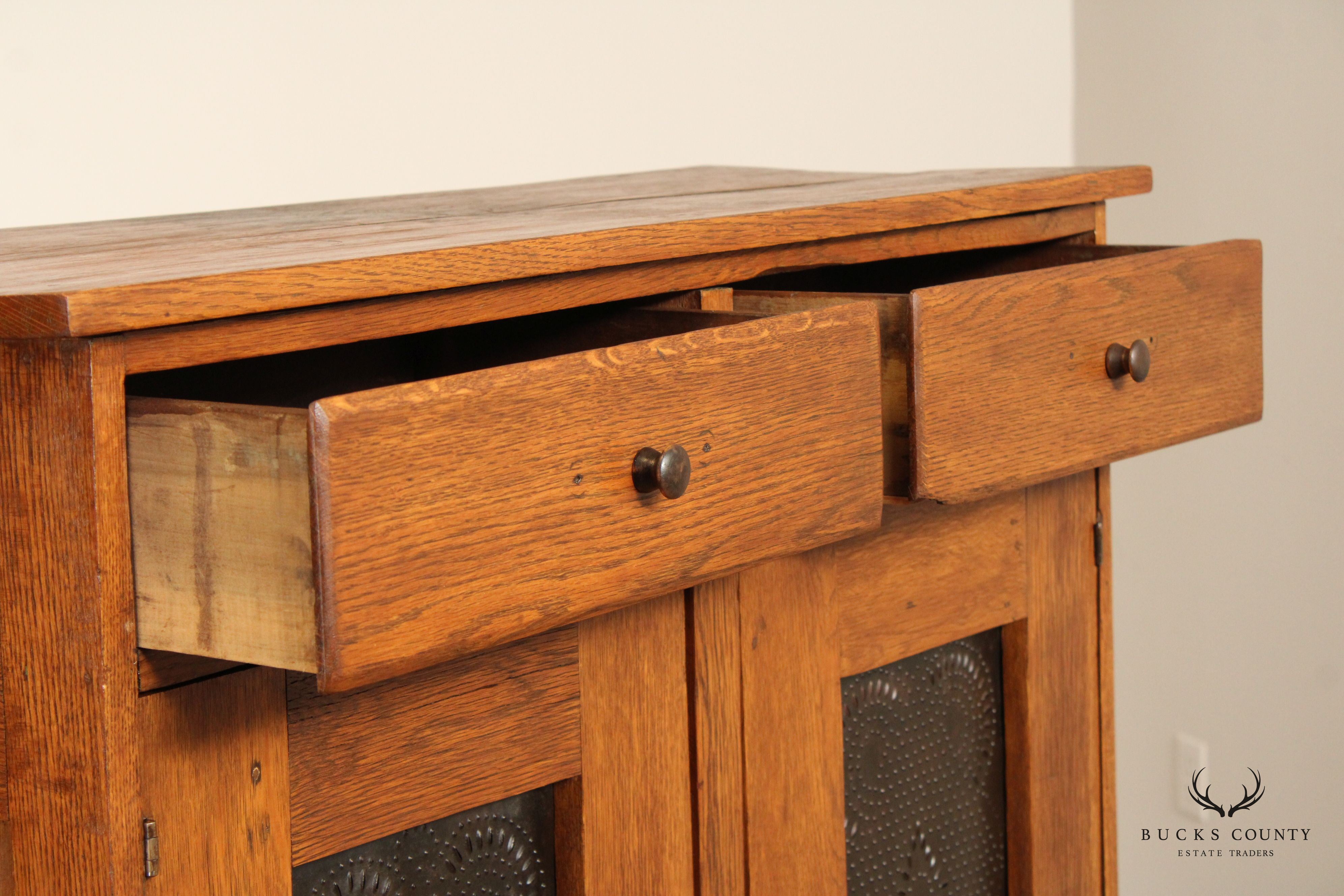 Antique American Oak and Punched Tin Pie Safe Cabinet