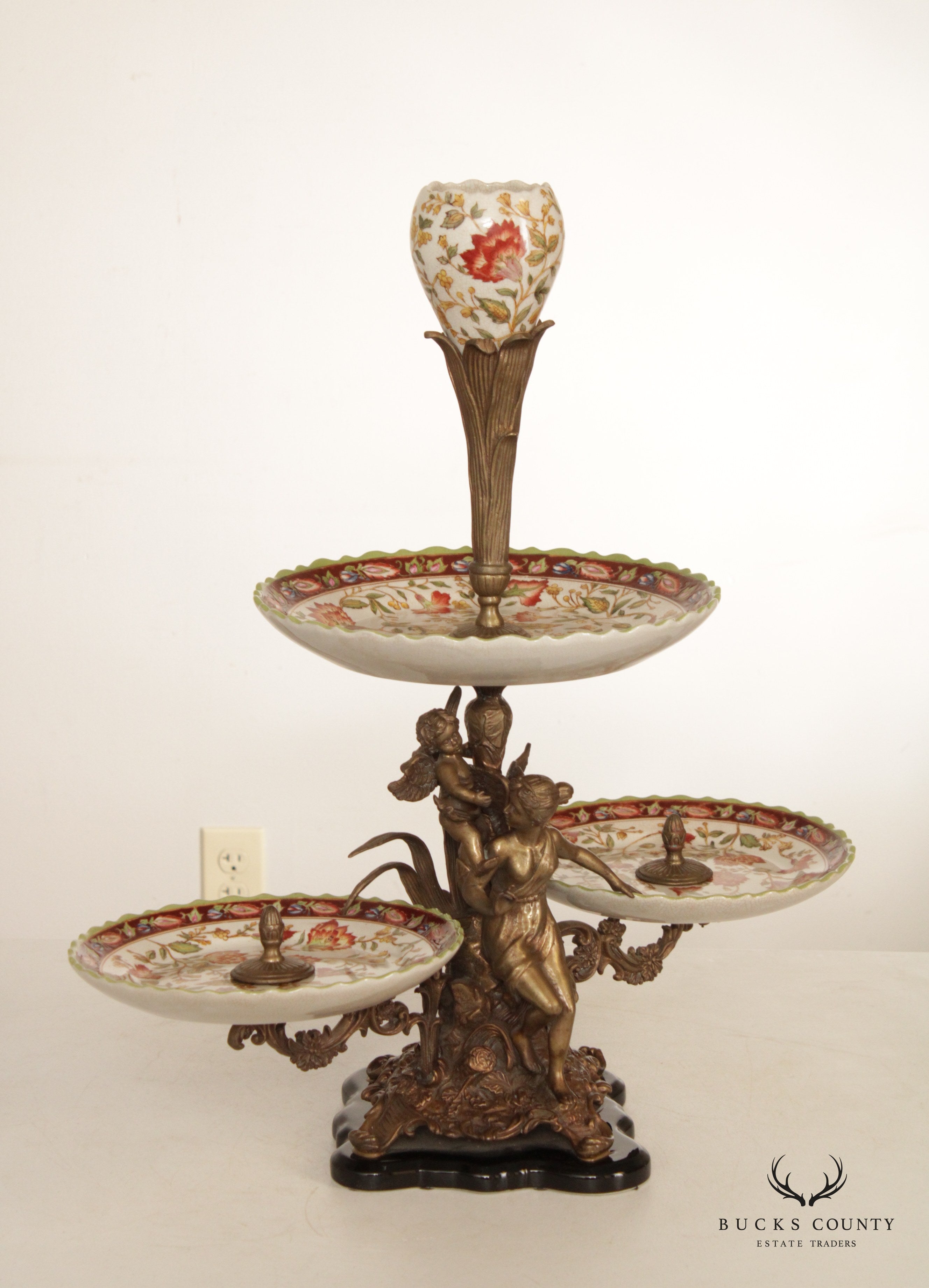 Castilian Imports Rococo Style Porcelain and Brass Tiered Centerpiece