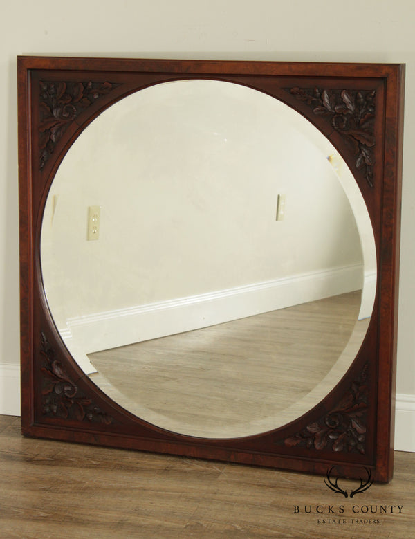 Antique Victorian Square Frame Acorn & Leaf Carved Frame Round Beveled Wall Mirror