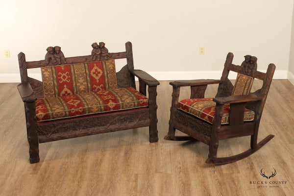 Antique American Black Forest Style Carved Oak Settee and Rocking Chair