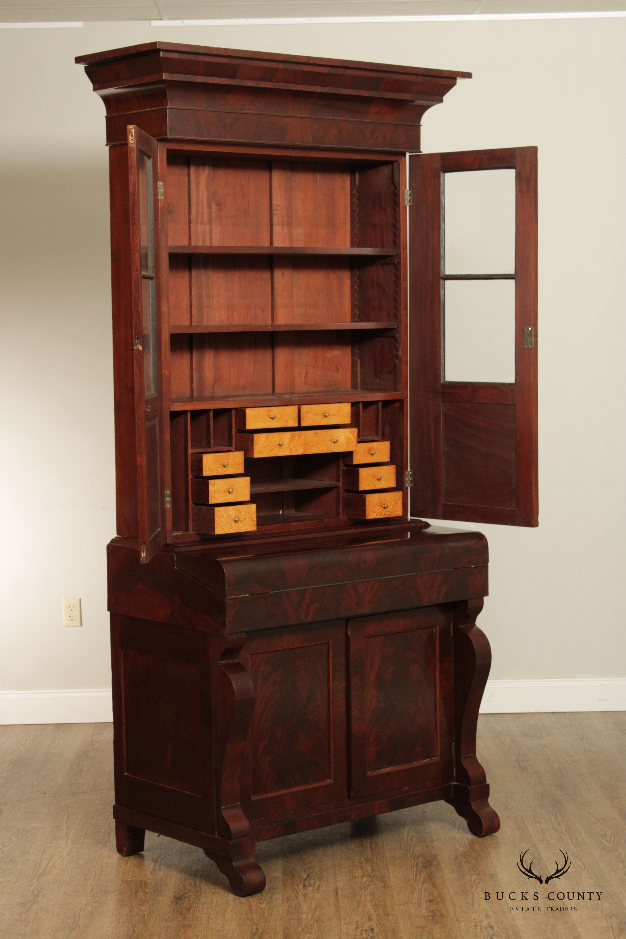 Antique 19th C. American Classical Empire Mahogany Secretary Desk Bookcase