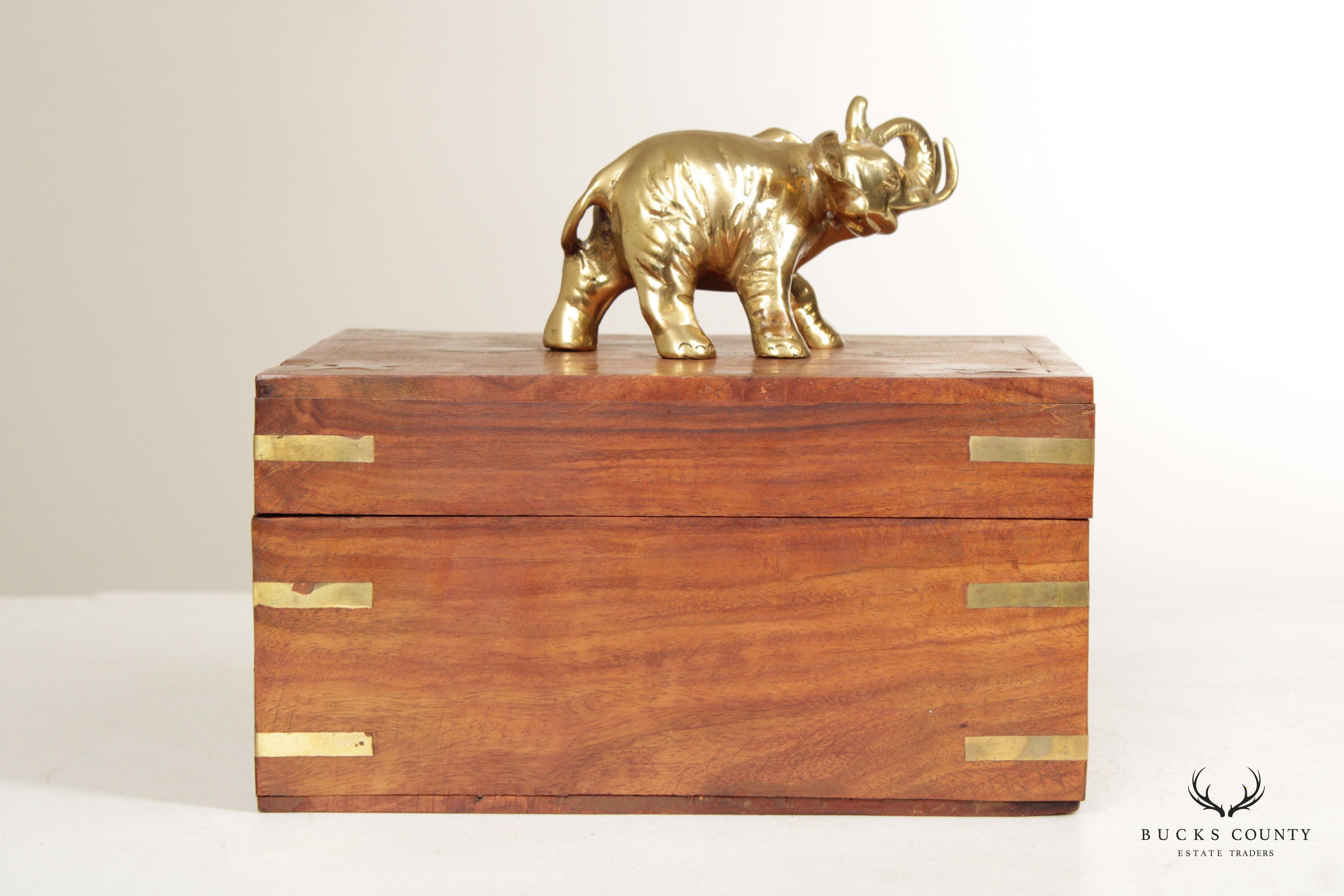 Campaign Style Teak and Brass Elephant Cigar or Jewelry Box