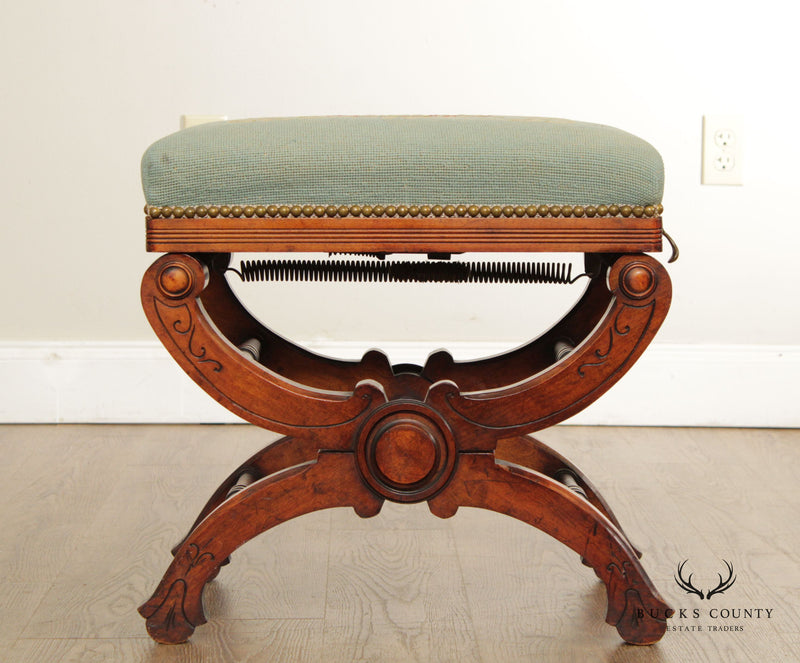 Antique 19th C. Victorian Walnut and Needlepoint Adjustable Bench