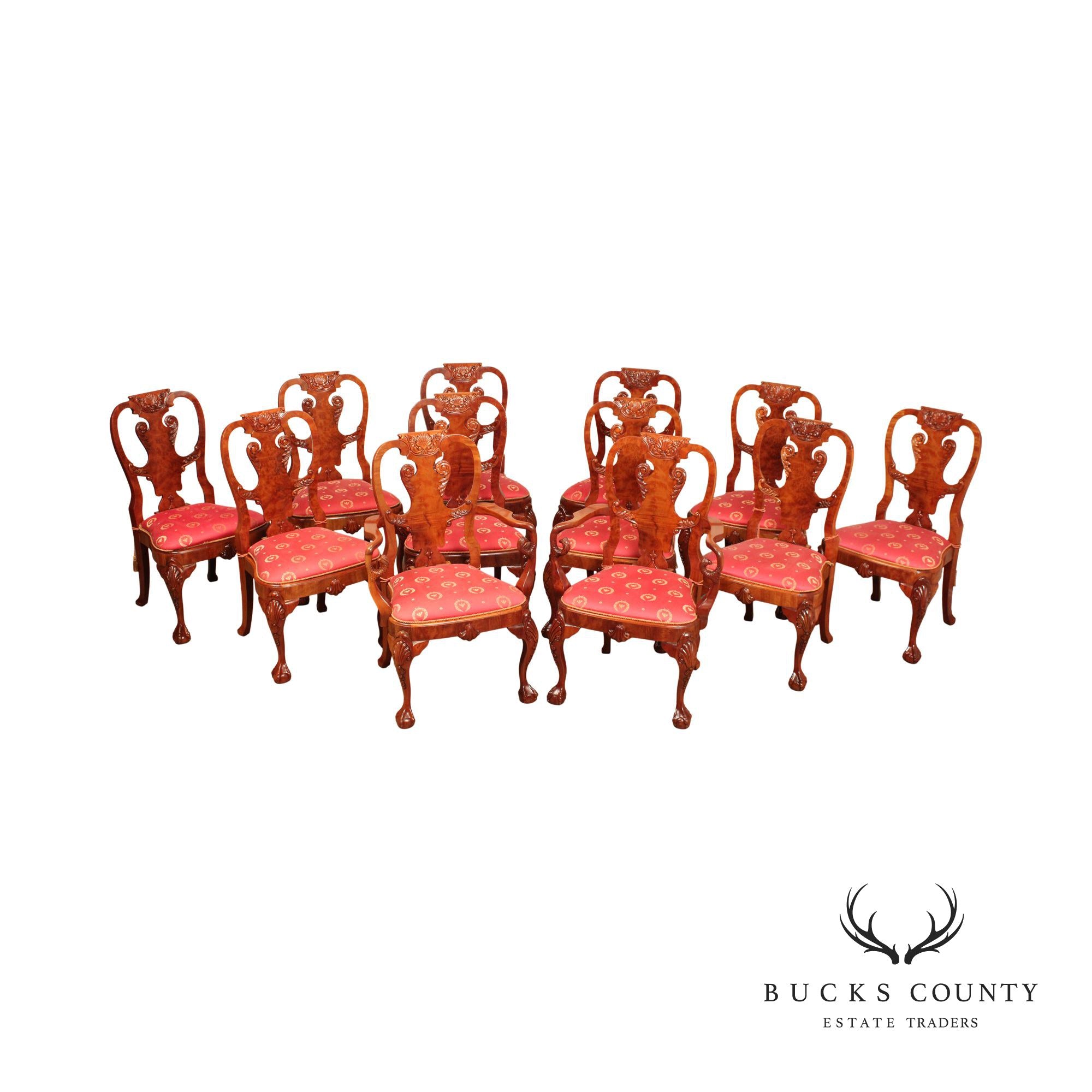 Georgian Style Set of Twelve Carved Yew Wood Dining Chairs