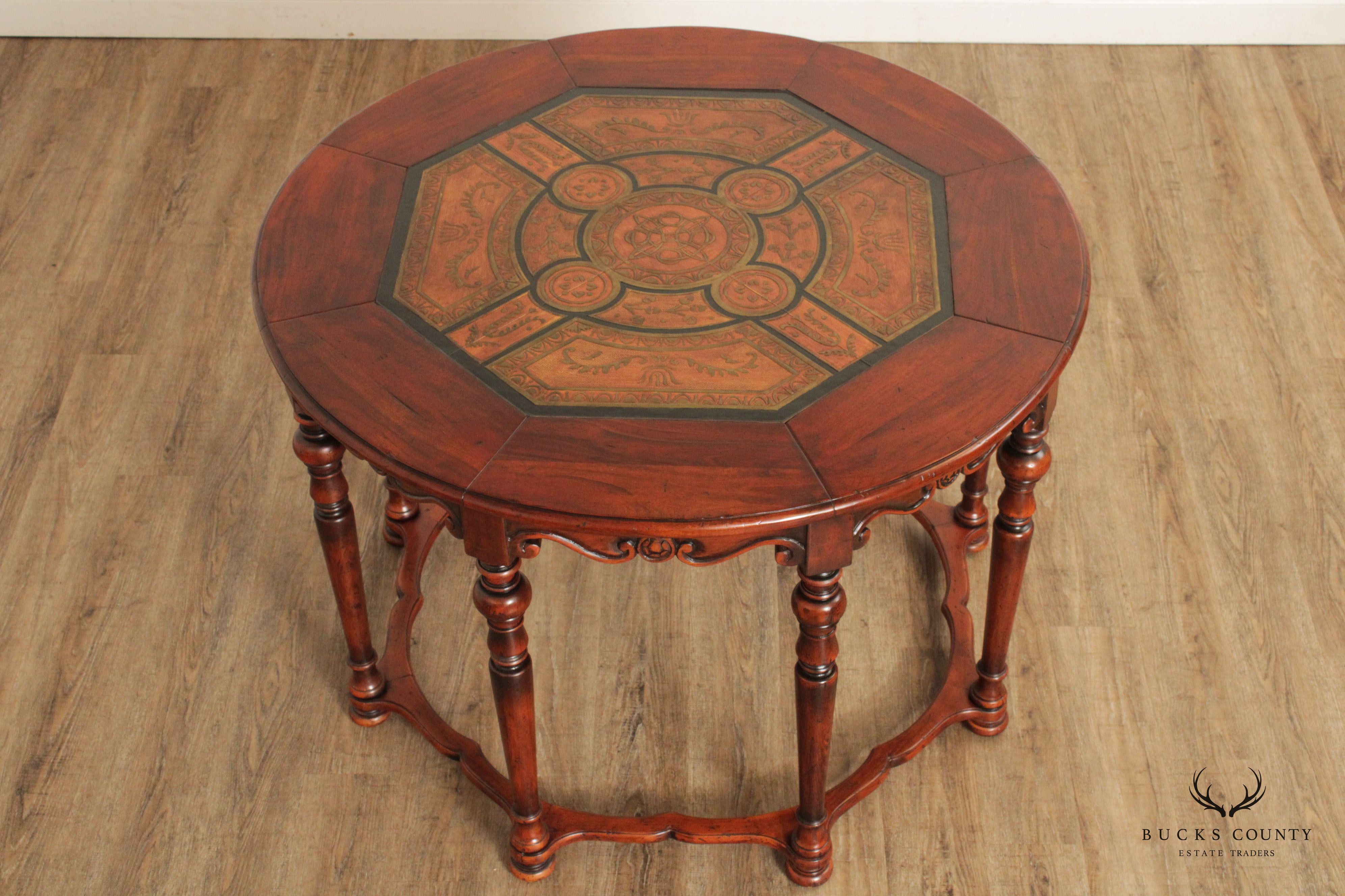 English Style Tooled Leather Round Mahogany Center Table