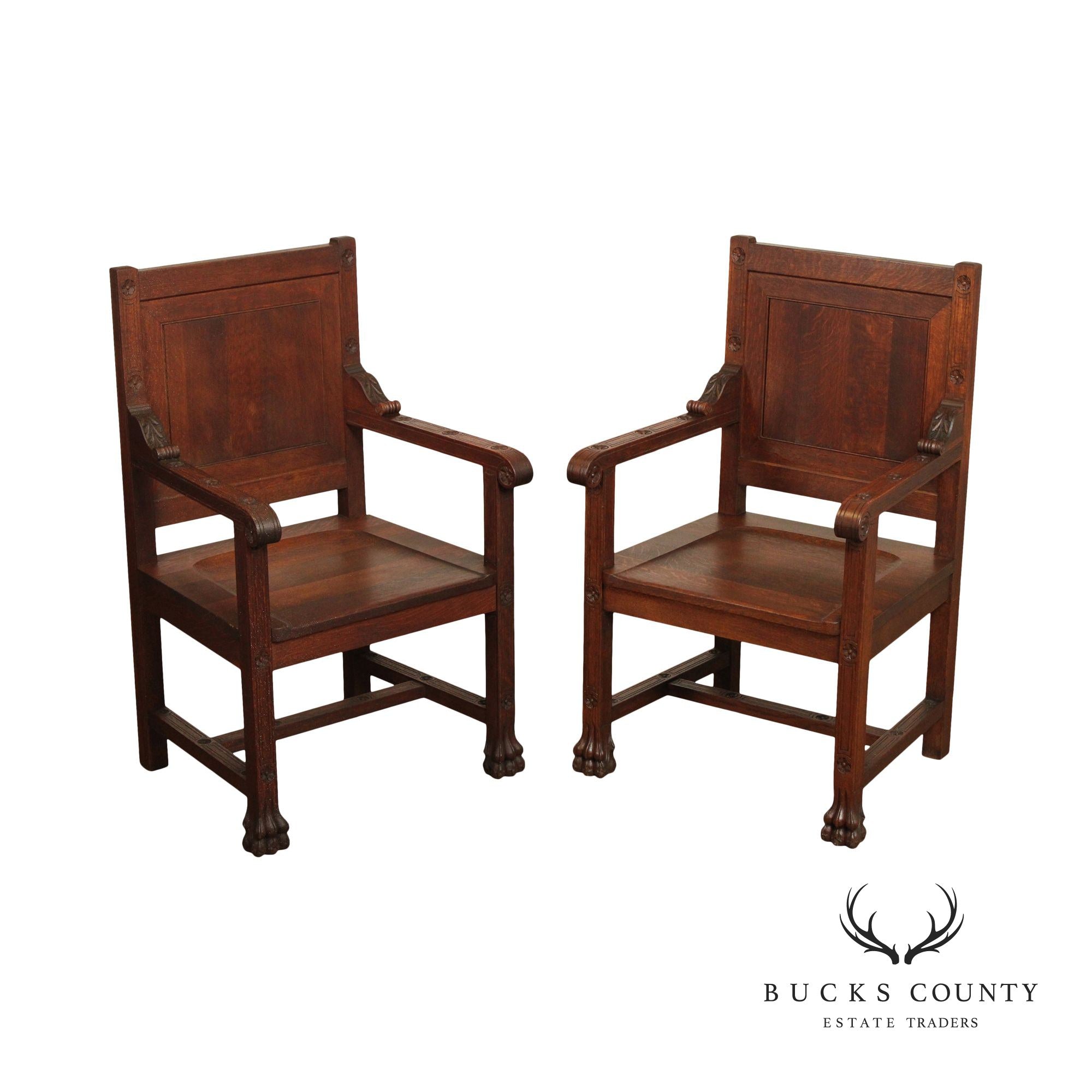 English Traditional Pair of Carved Oak Wainscot Armchairs