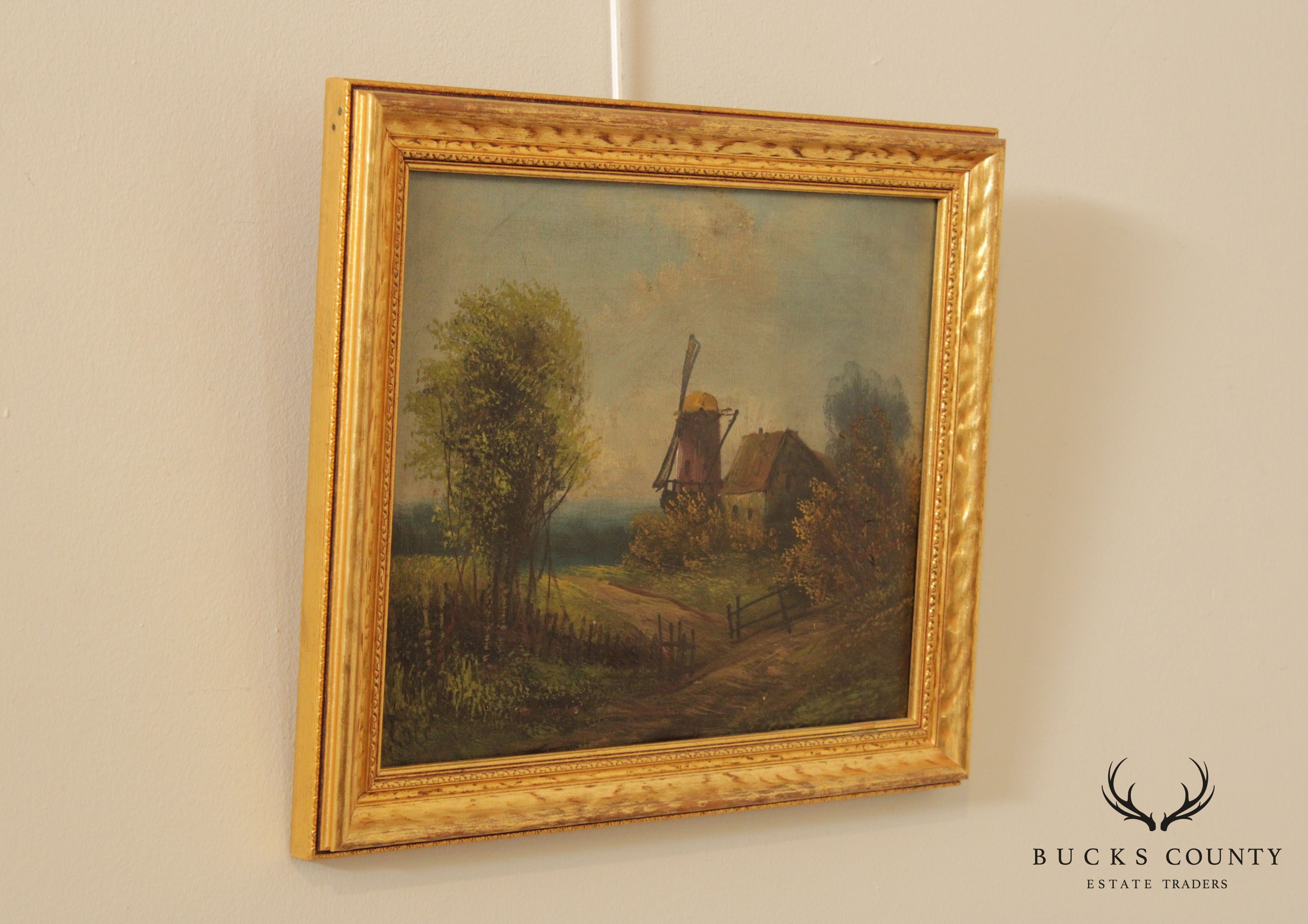 Antique 19th C. Dutch Windmill Cottage Original Painting