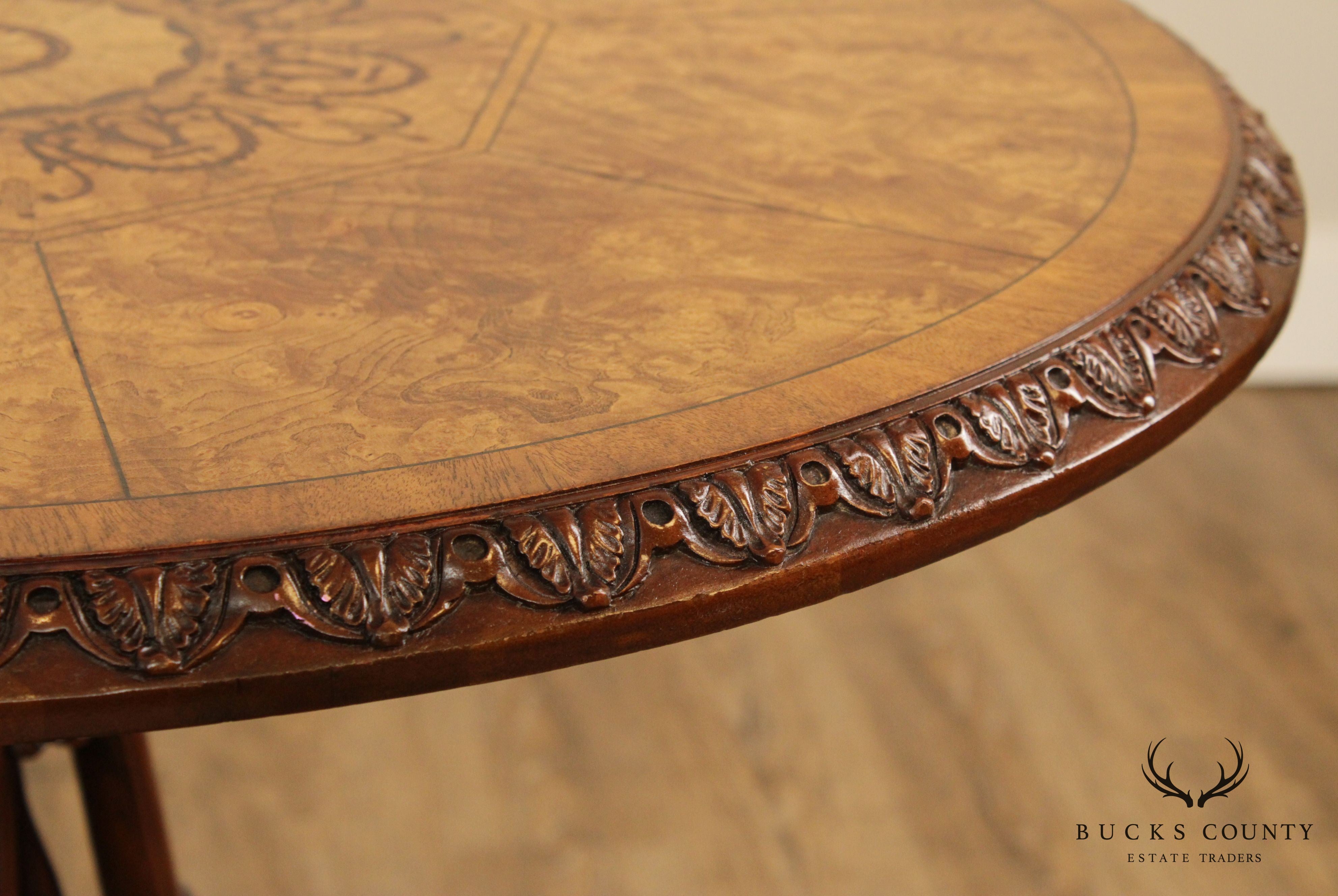 Maitland Smith Georgian Style Carved Mahogany, Round Inlaid Top Side Table