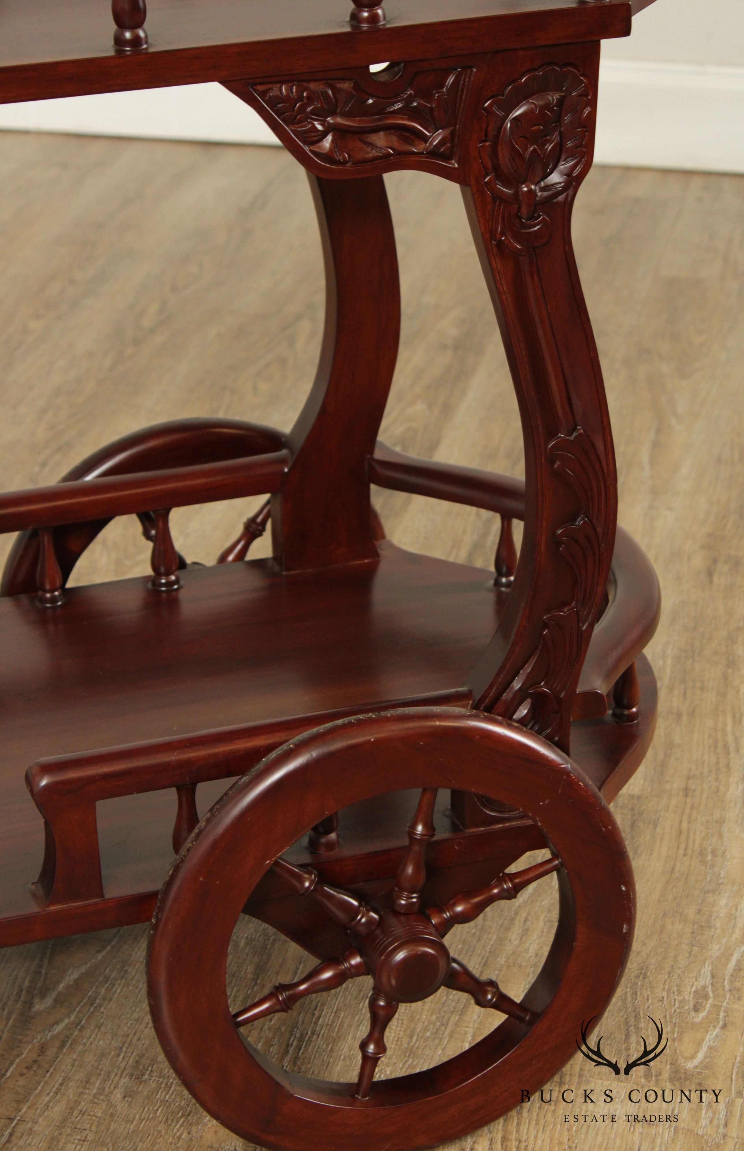 Vintage Solid Mahogany Wood Carved Tea Cart