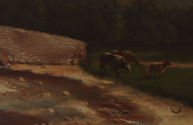 Antique 19th C. Pastoral Cows Near Stream Scene, Signed 'Hector'