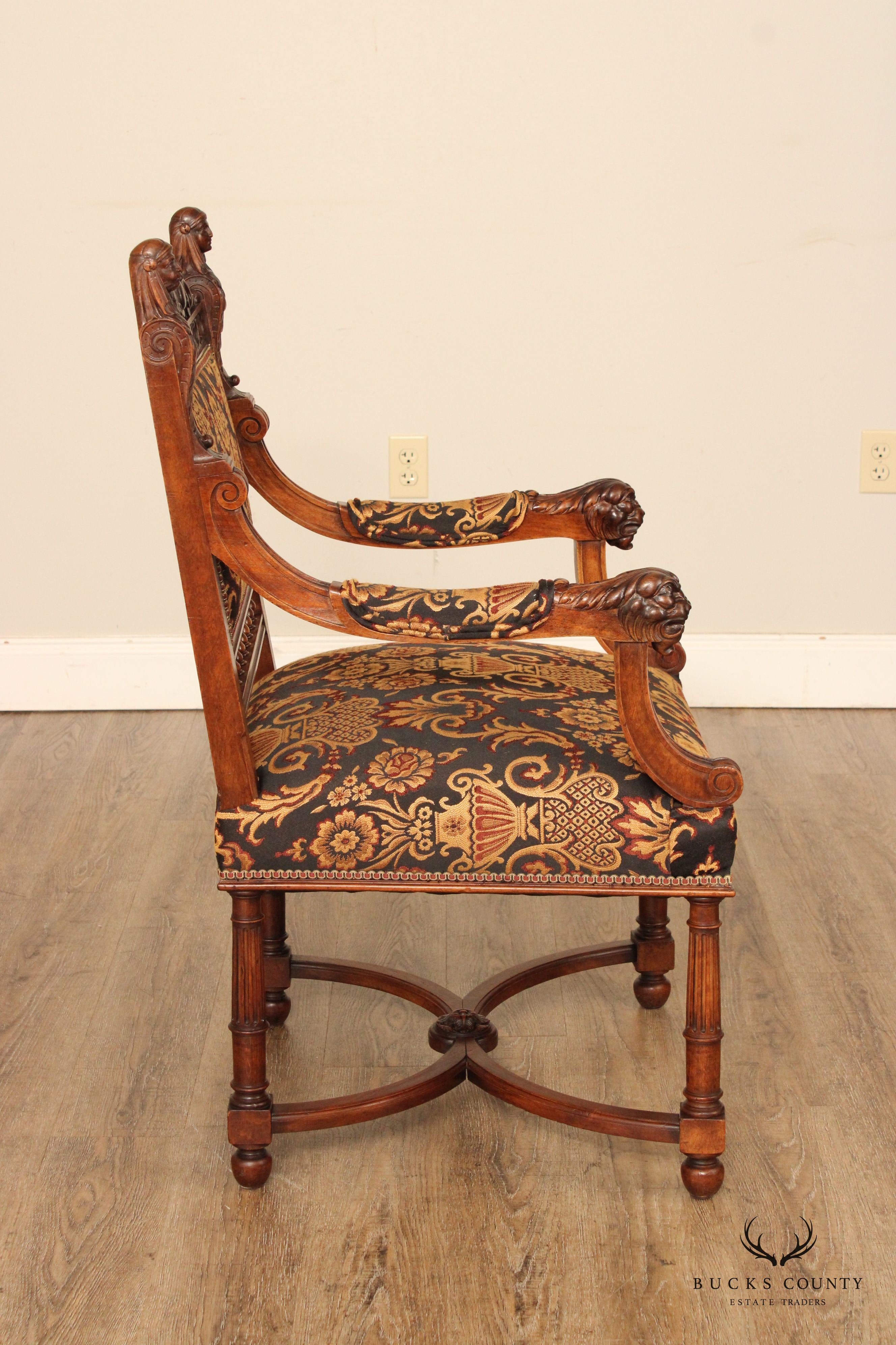 Antique French Renaissance Revival Style Carved Walnut Throne Armchair