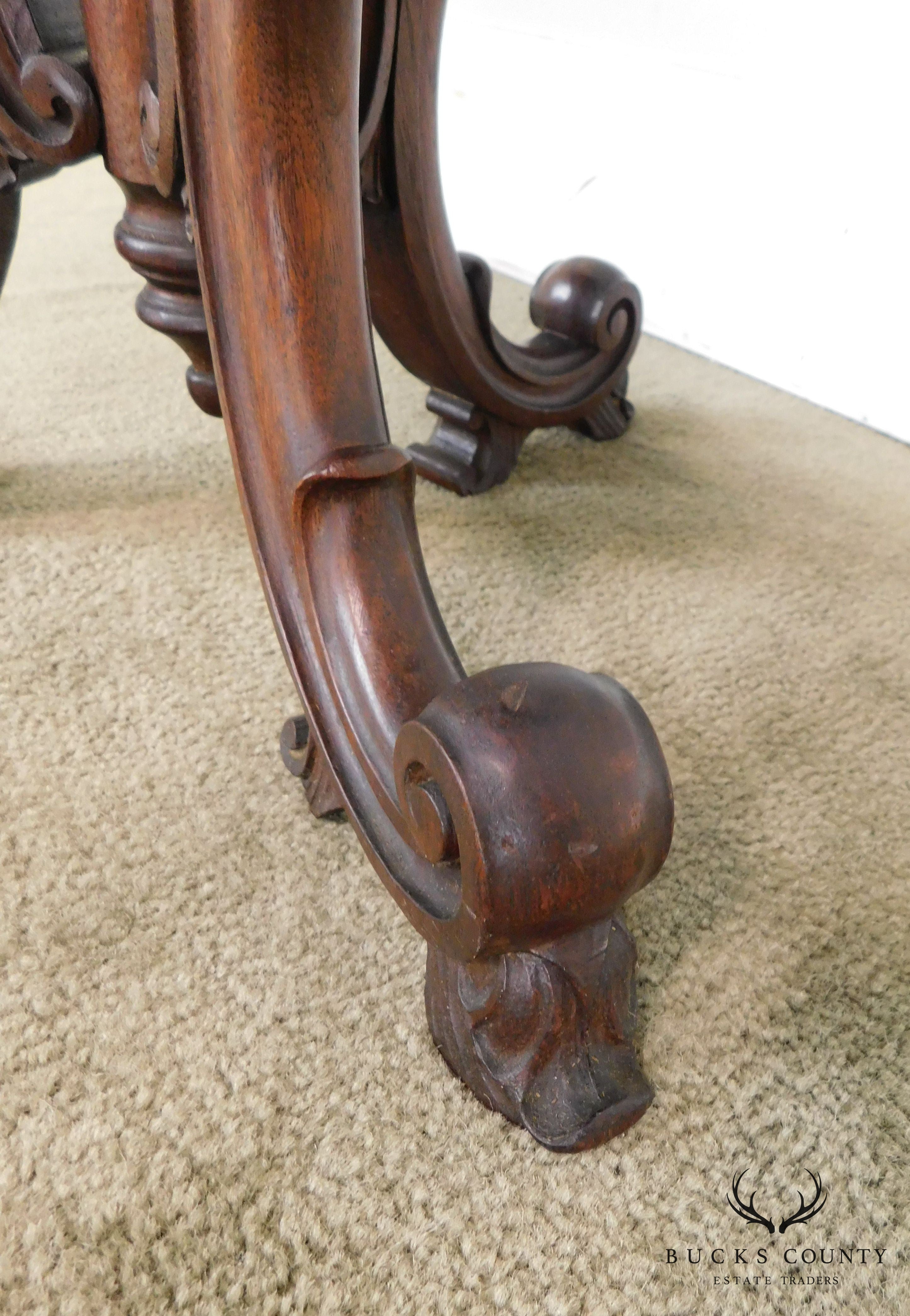 Renaissance Revival Antique Hand Carved Solid Walnut Round Table with Beeded Needlework