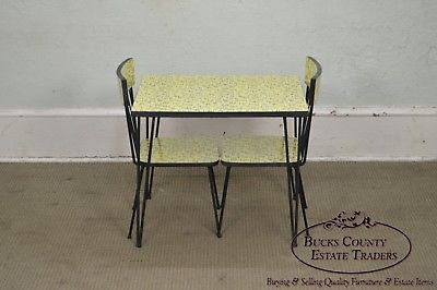 Mid-Century Modern Wrought Iron & Formica Childs Table & 2 Chair Kitchen Set