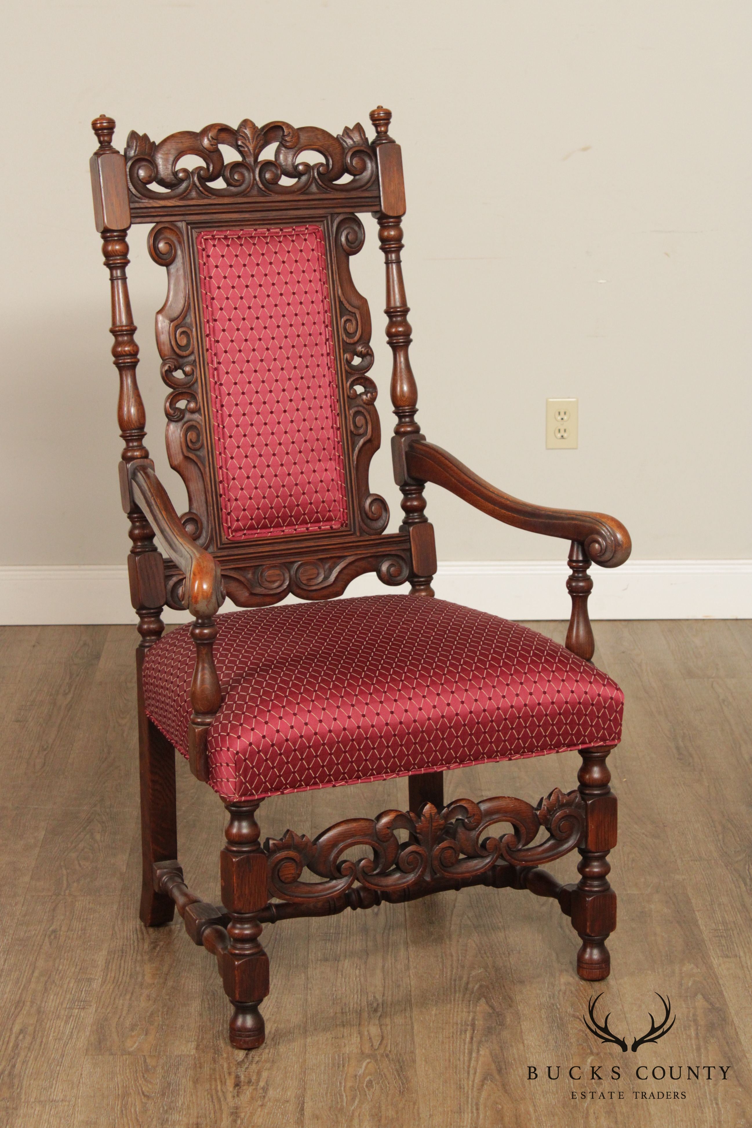 Jacobean Revival Vintage Set 6 Carved Walnut Dining Chairs