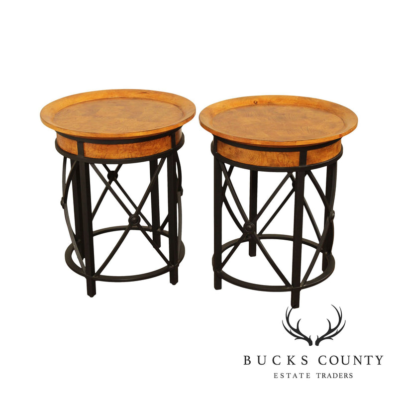 Round Iron and Burled Wood Pair Side Tables