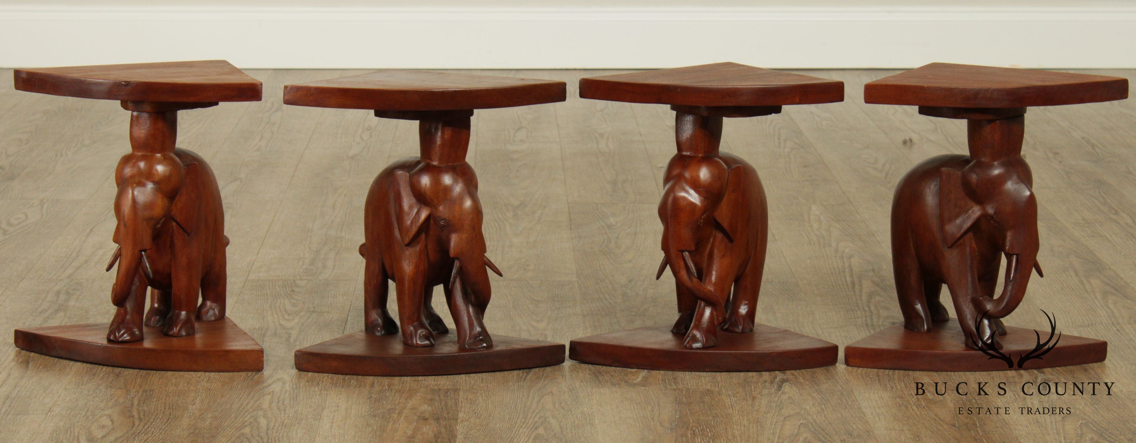 Hand Carved Wood Vintage Set of 4 Elephant Low Pedestals Tables