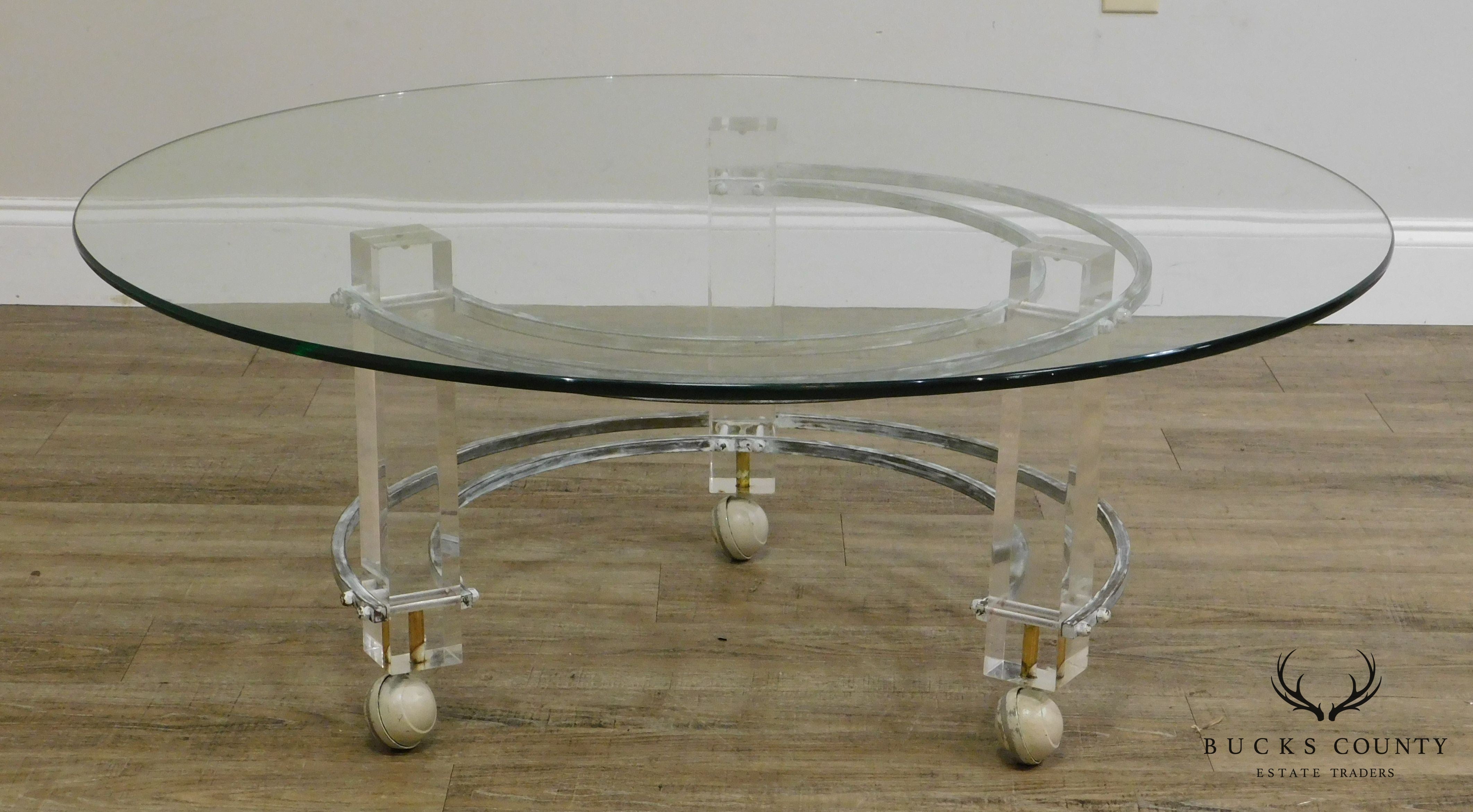 Charles Hollis Jones Mid Century Modern Brass & Lucite Round Glass Top Coffee Table