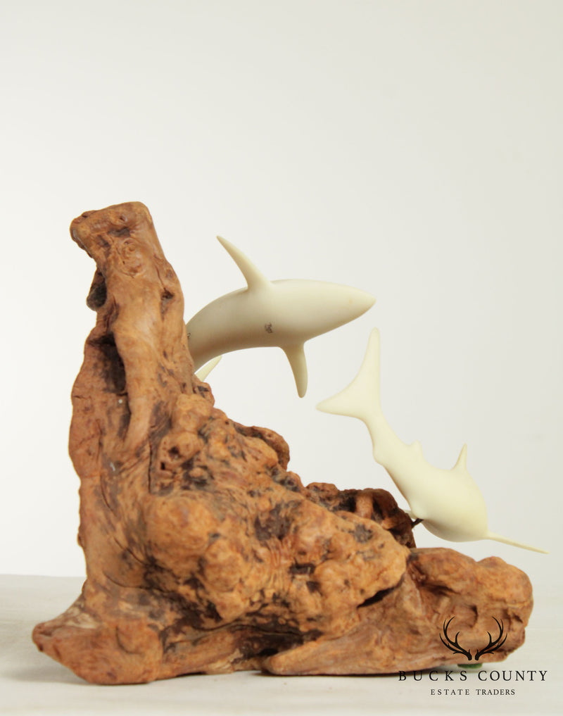 John Perry Carved Balanite Double Swimming Sharks Sculpture on Wood Base