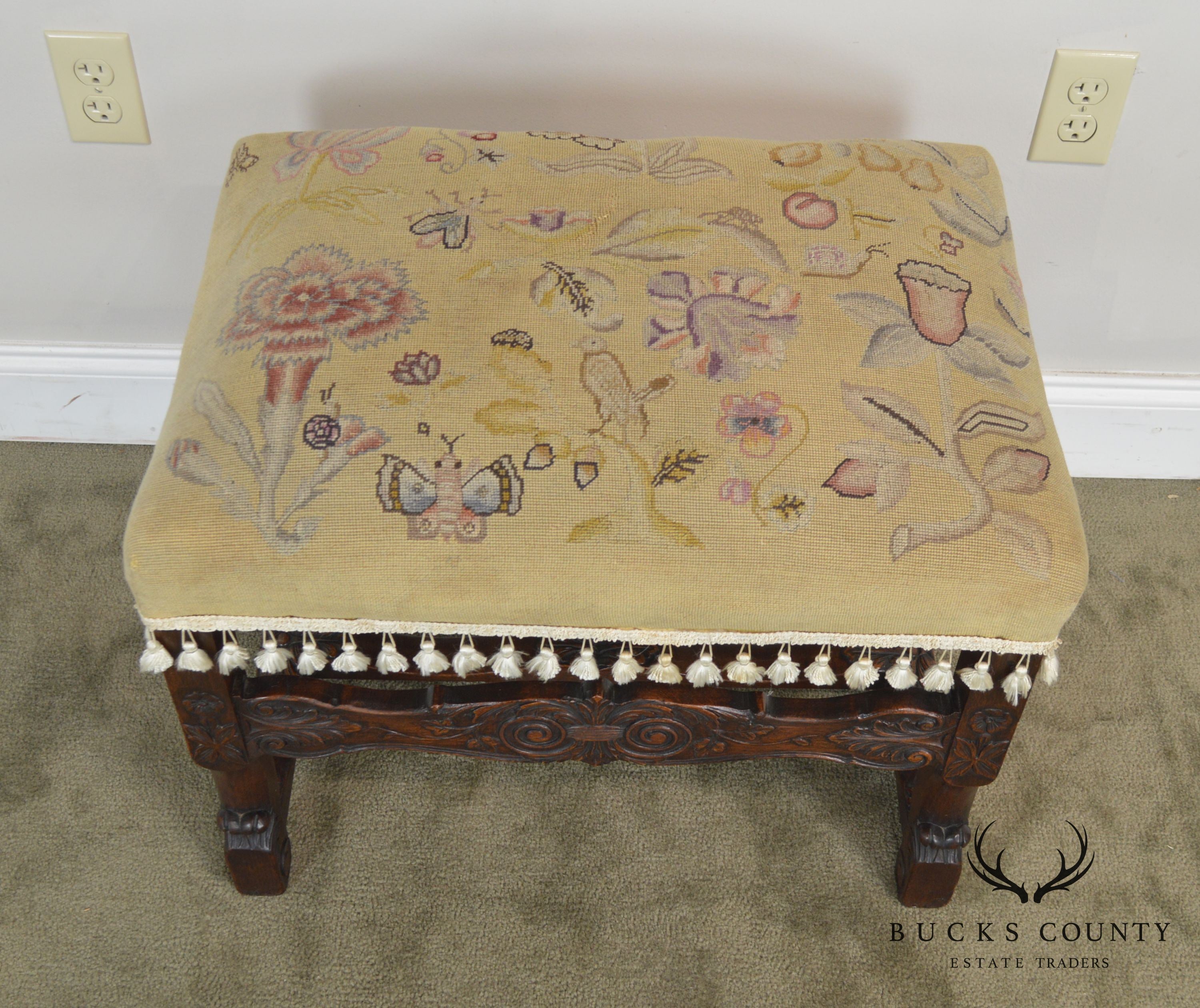 Italian Renaissance Antique Carved Needlepoint Ottoman Bench