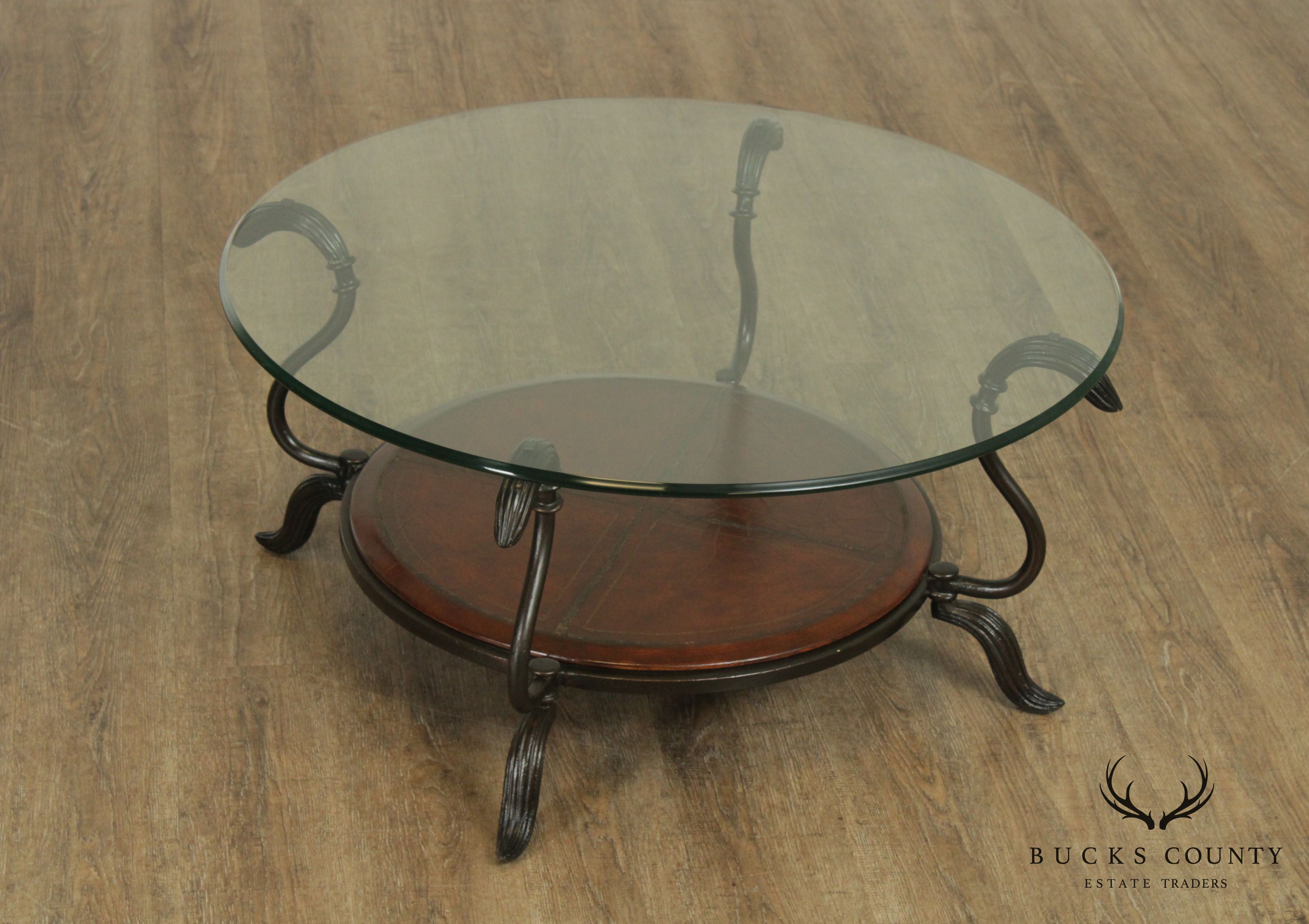 LaBarge Round Glass Top Wrought Iron Table, Leather Tier