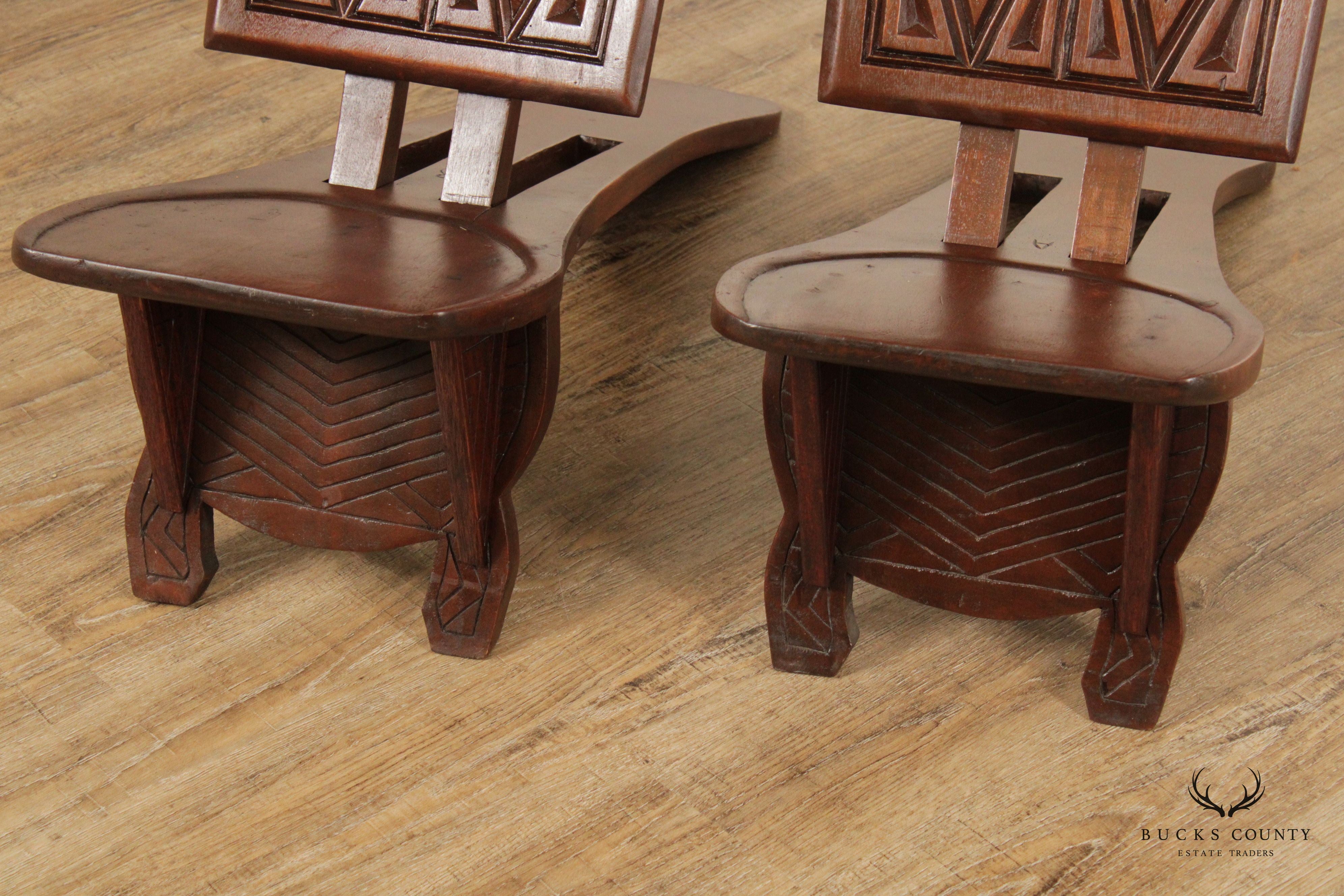 African Traditional Ceremonial Pair Mahogany Carved Folding Chairs