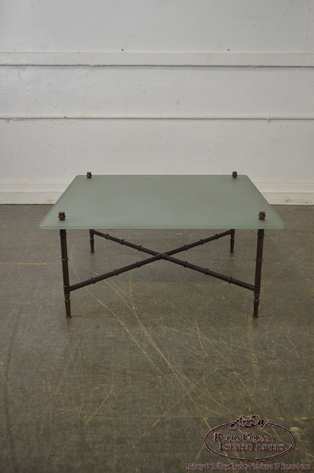 Faux Bamboo Brass Base Frosted Glass Top Coffee Table