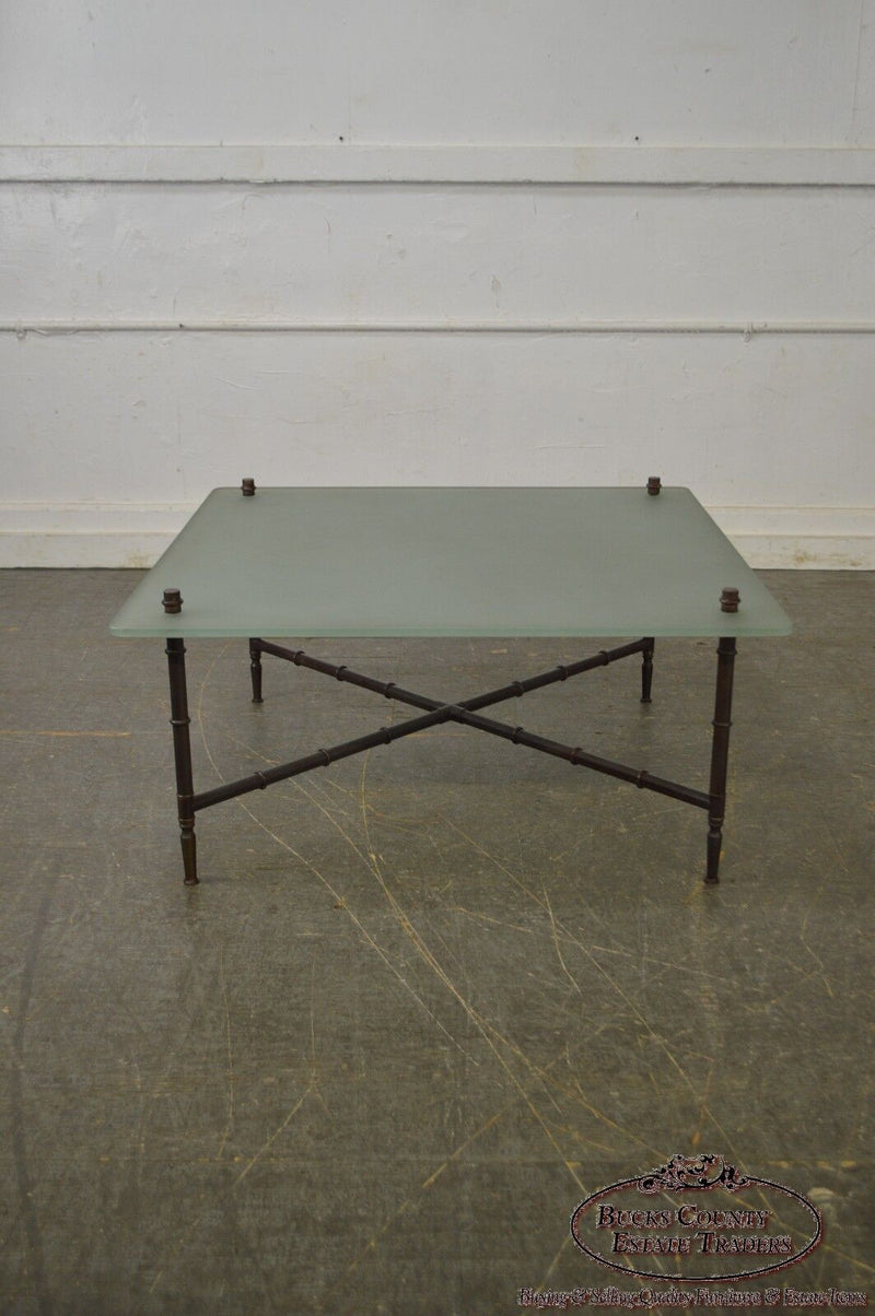 Faux Bamboo Brass Base Frosted Glass Top Coffee Table