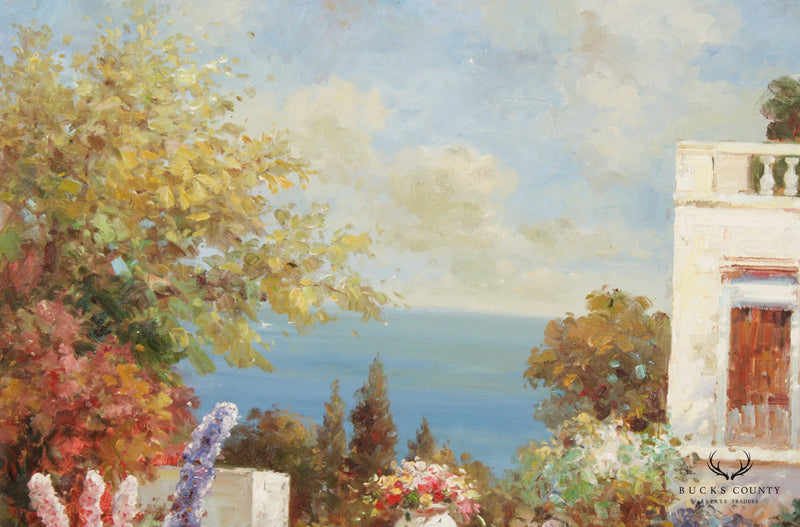 Impressionist Style Mediterranean Villa Garden Landscape Original Oil Painting, Signed