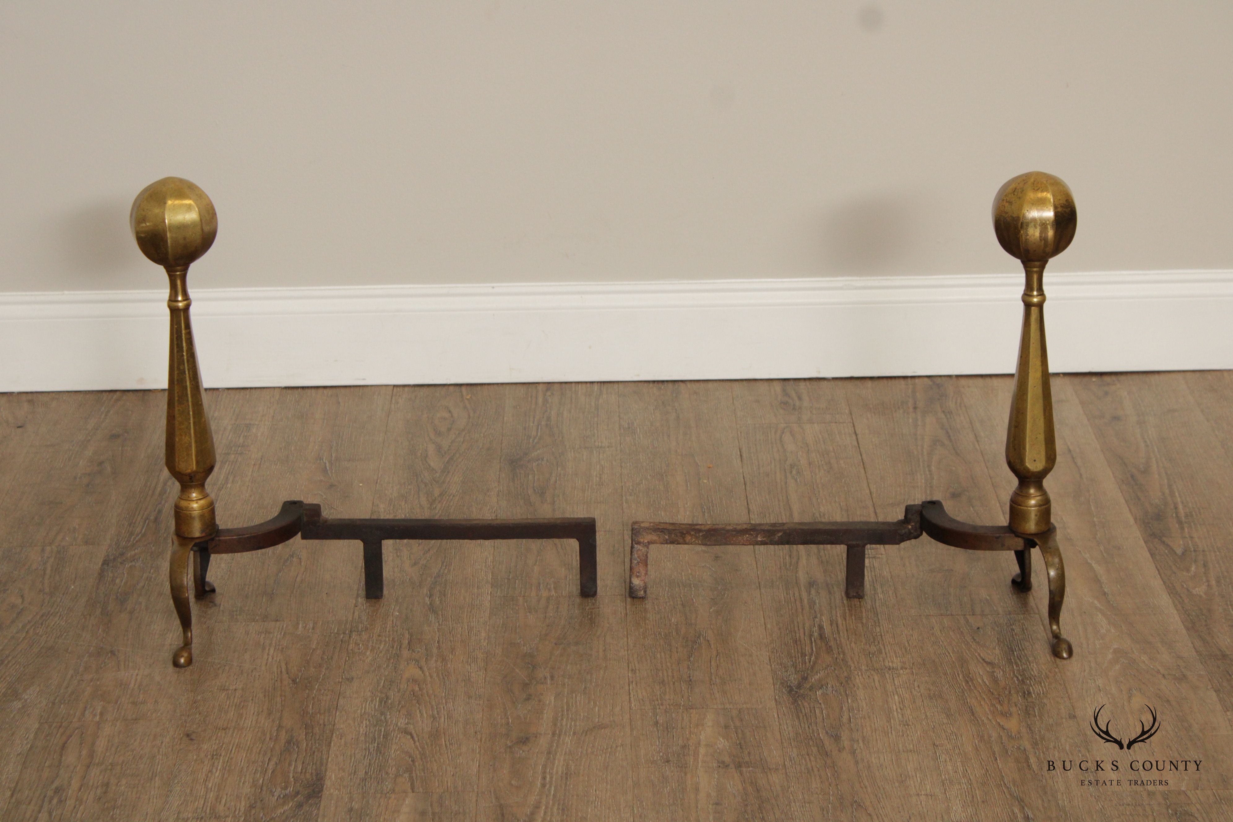 FEDERAL STYLE VINTAGE PAIR OF BRASS ANDIRONS