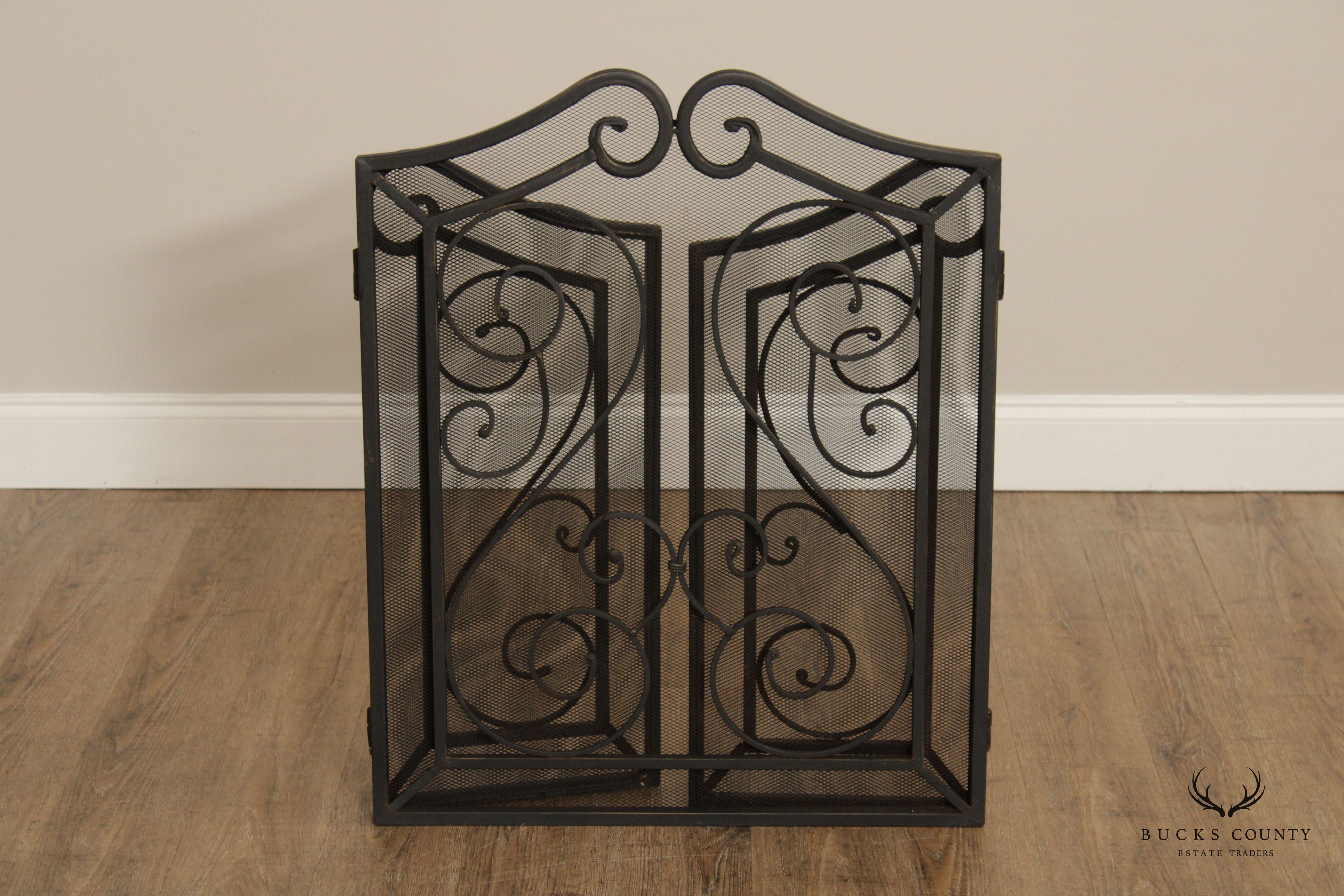 VINTAGE WROUGHT IRON FIRE SCREEN WITH SCROLLING