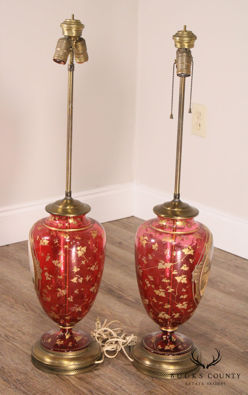Pair Large Bohemian Red Glass Vase Lamps Overlaid with Gilt Ivy and Decoration