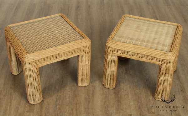 Quality Vintage Pair Square Wicker Side Tables