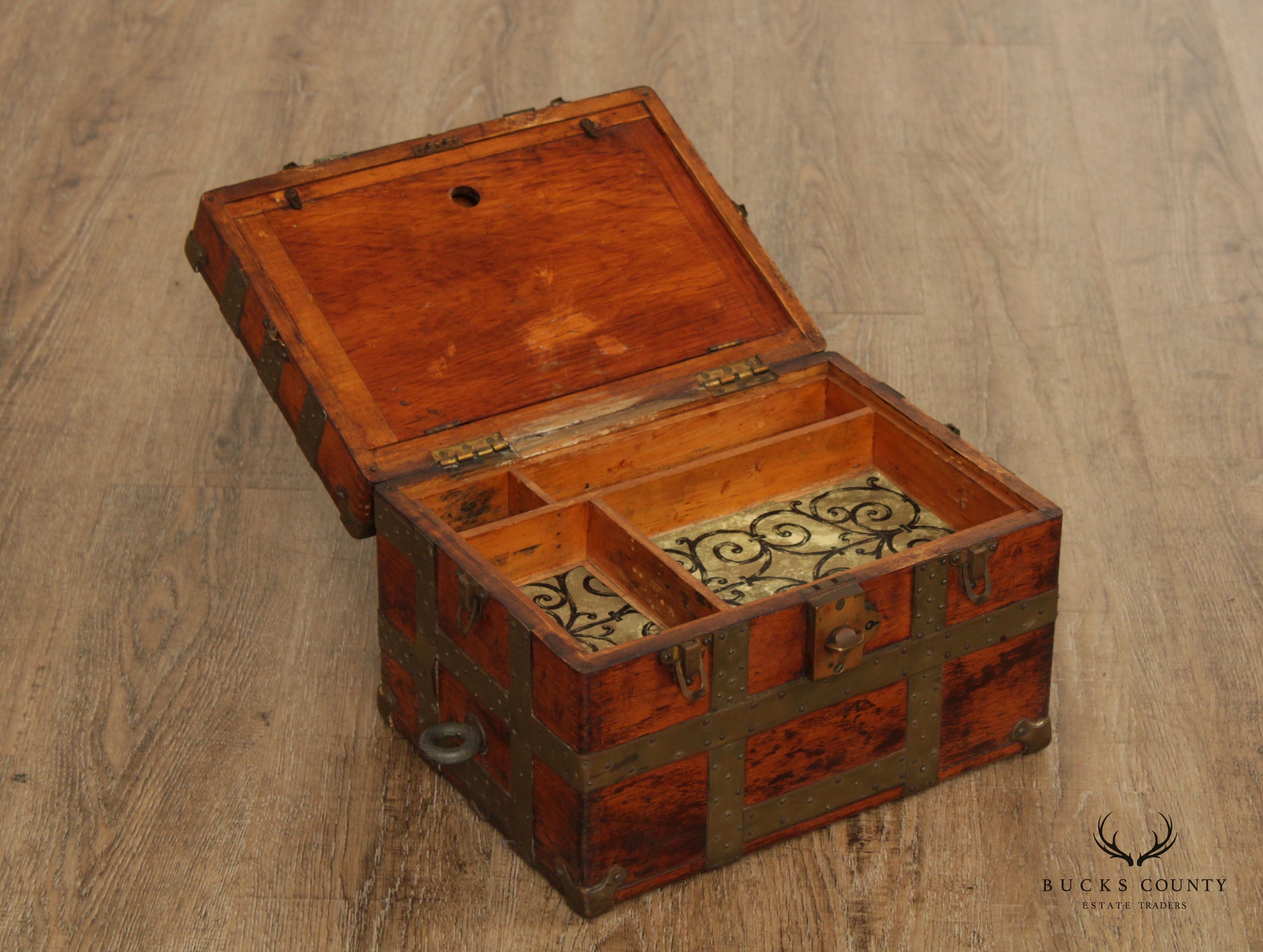 Antique Rustic Wood and Metal Small Storage Steamer Chest Trunk