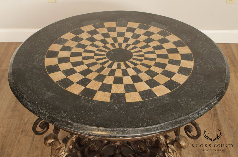 Rococo Style Round Iron Base Inlaid Marble Top Center Table