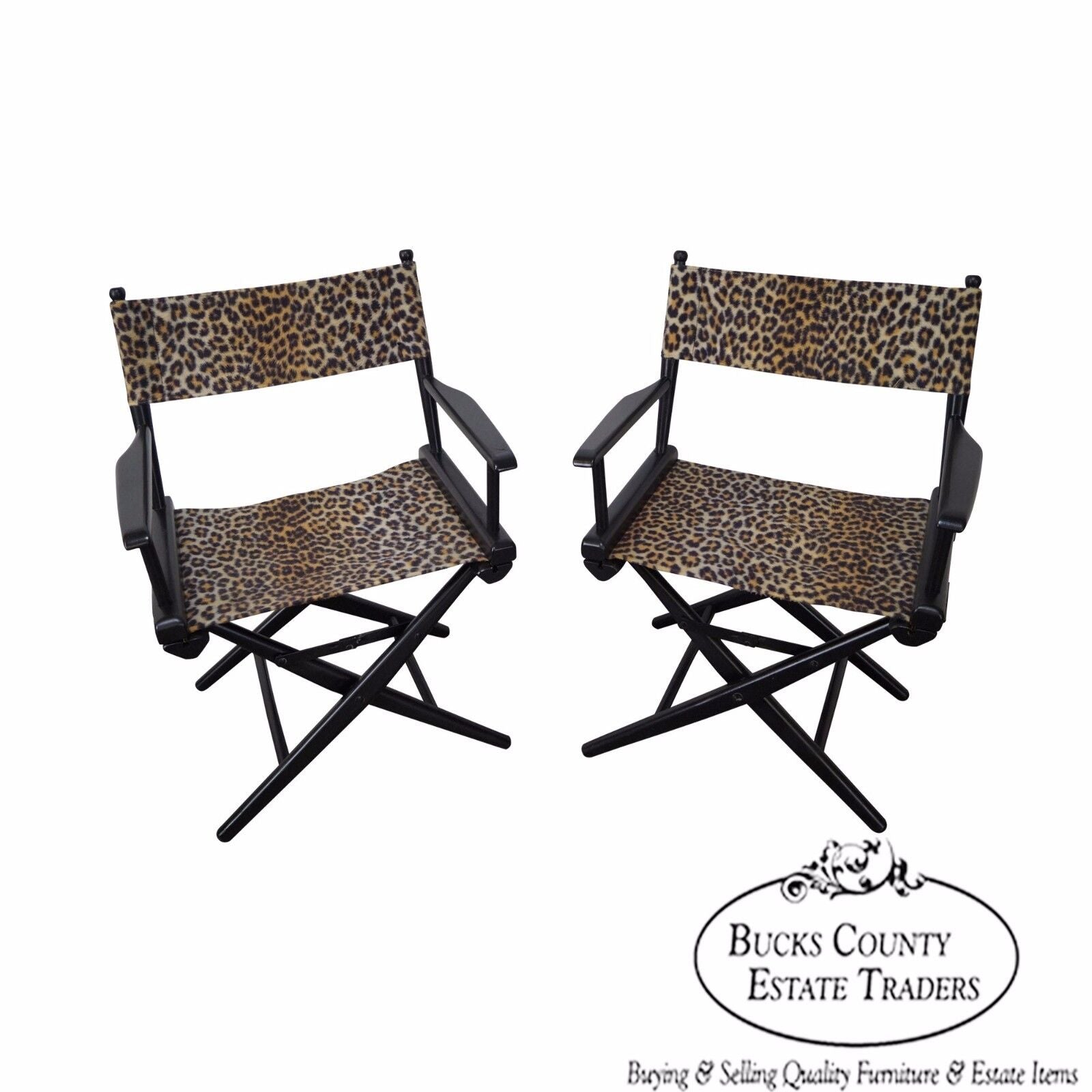 Mid Century Pair of Leopard Print Ebonized Folding Directors Chairs by Telescope