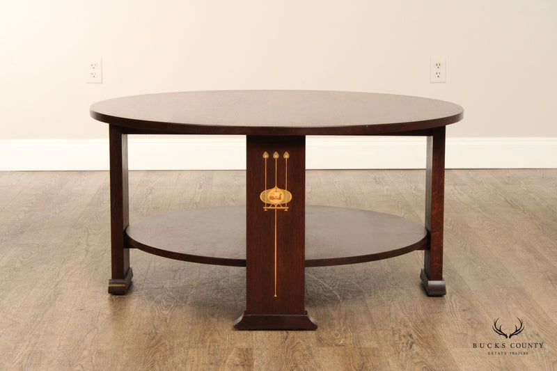 Stickley Mission Collection Oak Harvey Ellis Inlaid Round Cocktail Table